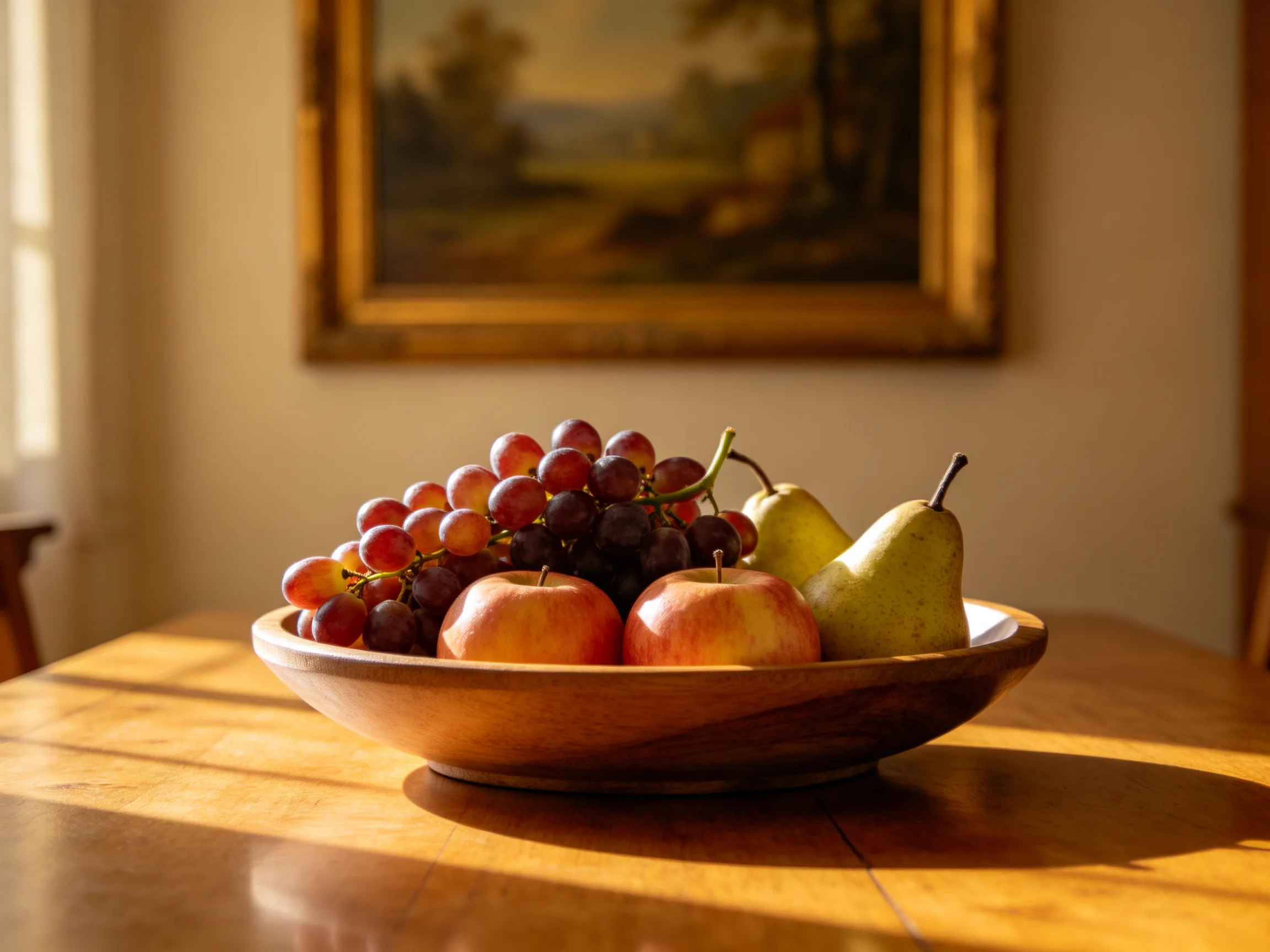 A wooden bowl filled with colorful fruits sits on a sunlit table near a framed landscape painting
