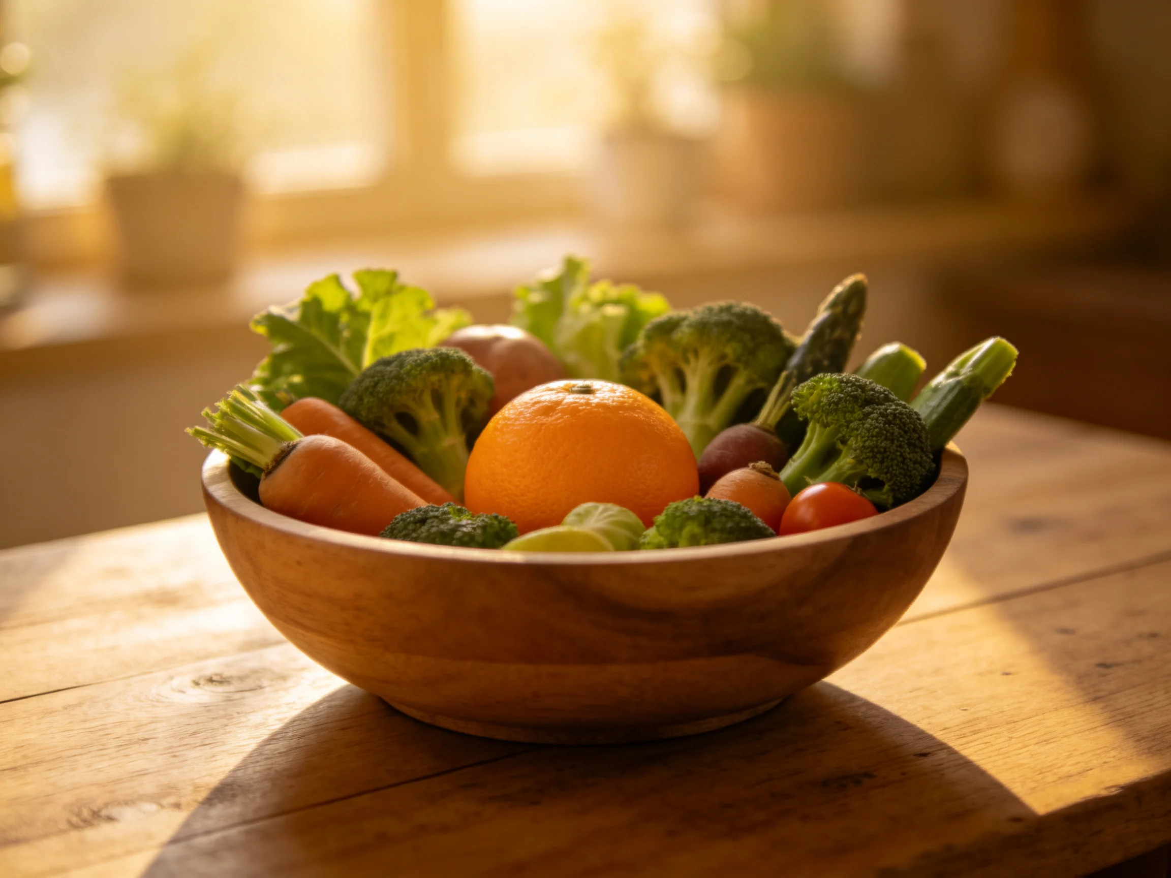 A wooden bowl filled with colorful vegetables and an orange under warm sunlight