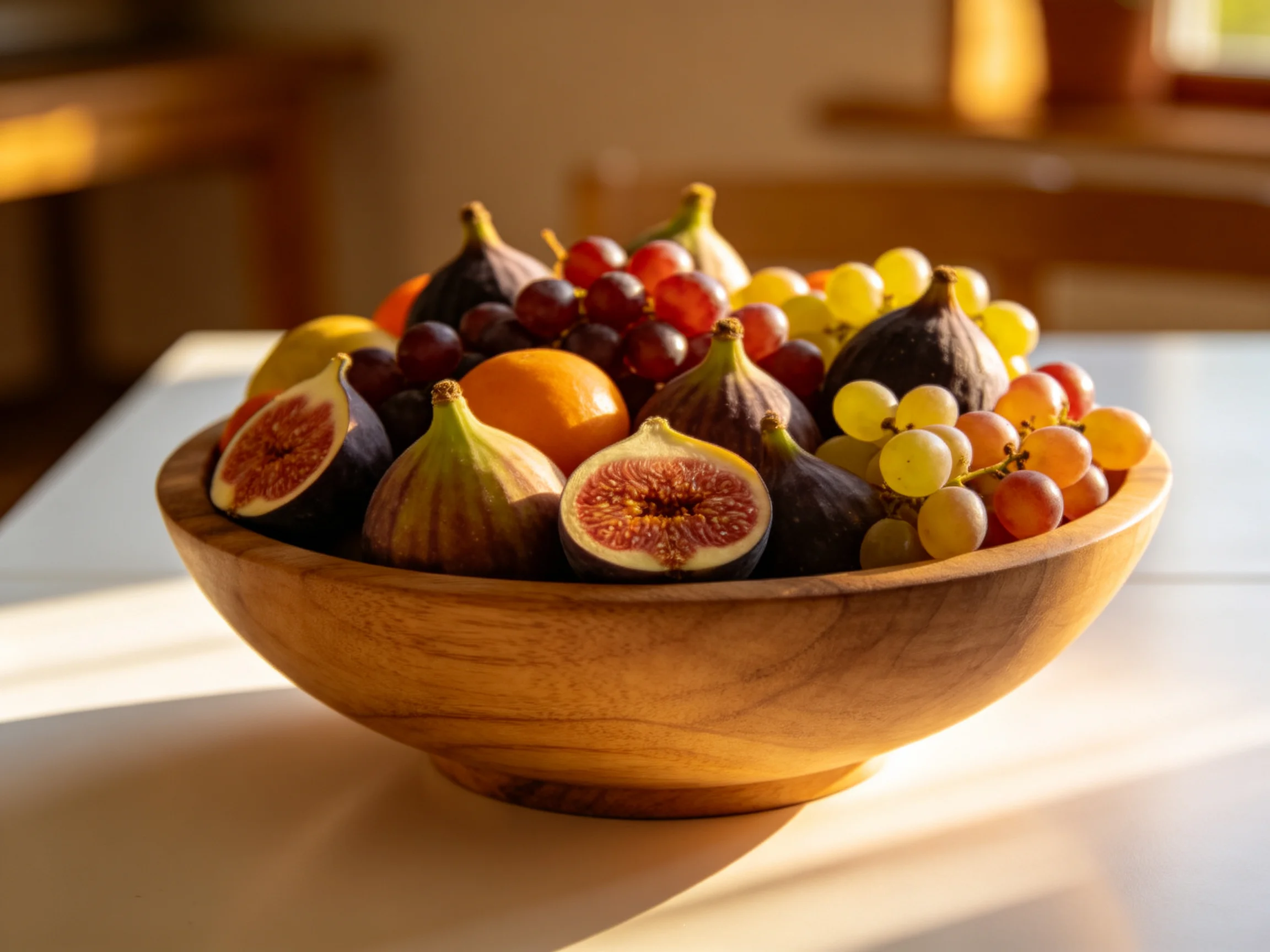 A wooden bowl filled with diverse colorful fruits including figs, grapes, and an orange