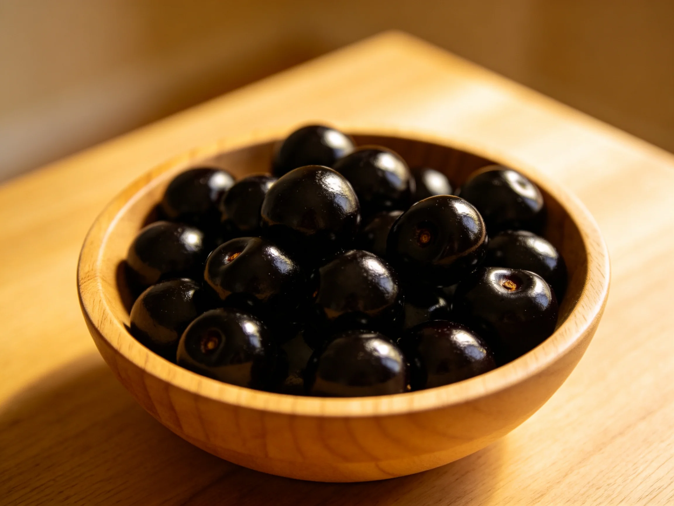 A wooden bowl filled with glossy black cherries rests on a light wooden surface