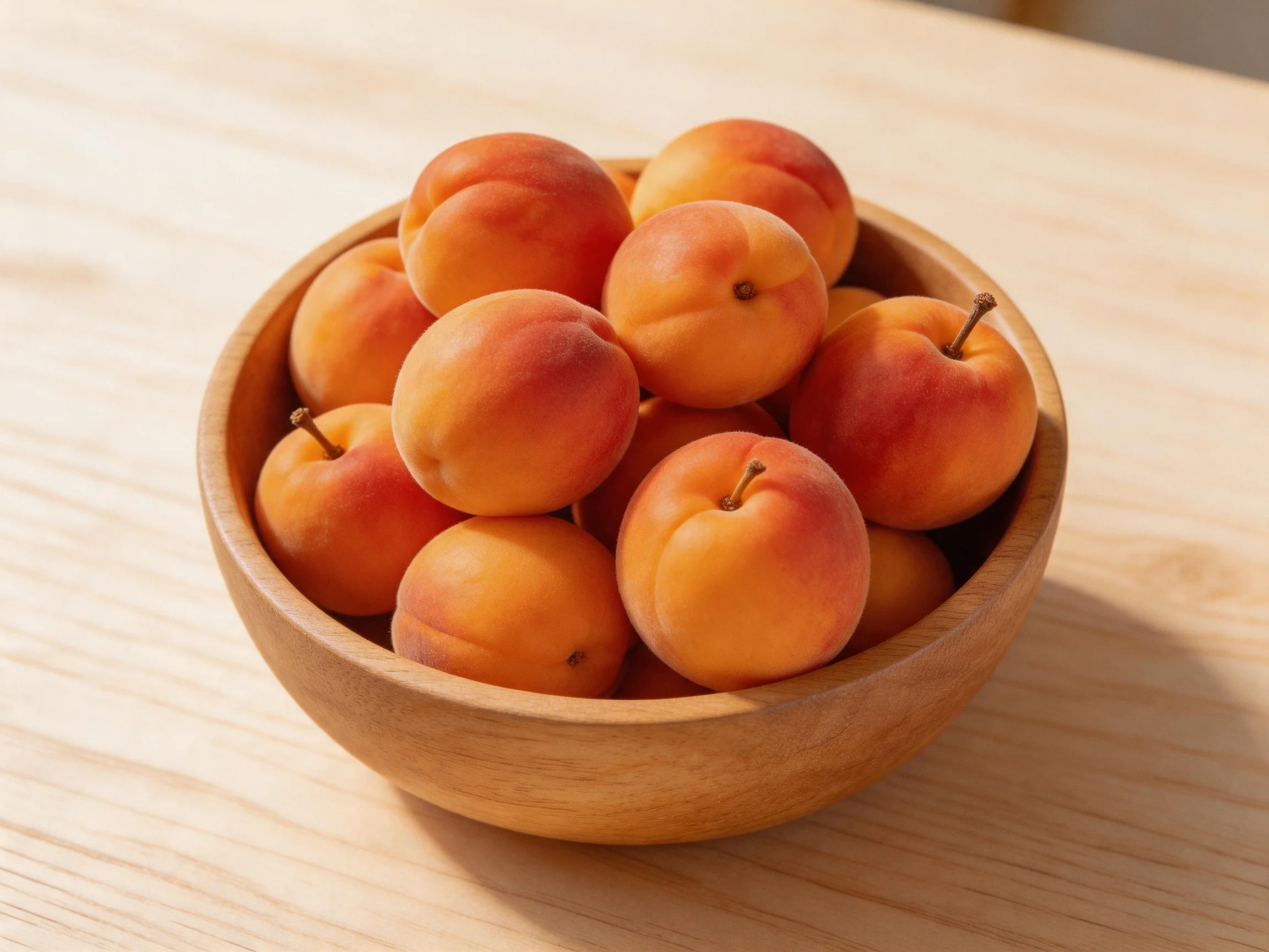 A wooden bowl filled with numerous orange-red apricots on a light table surface