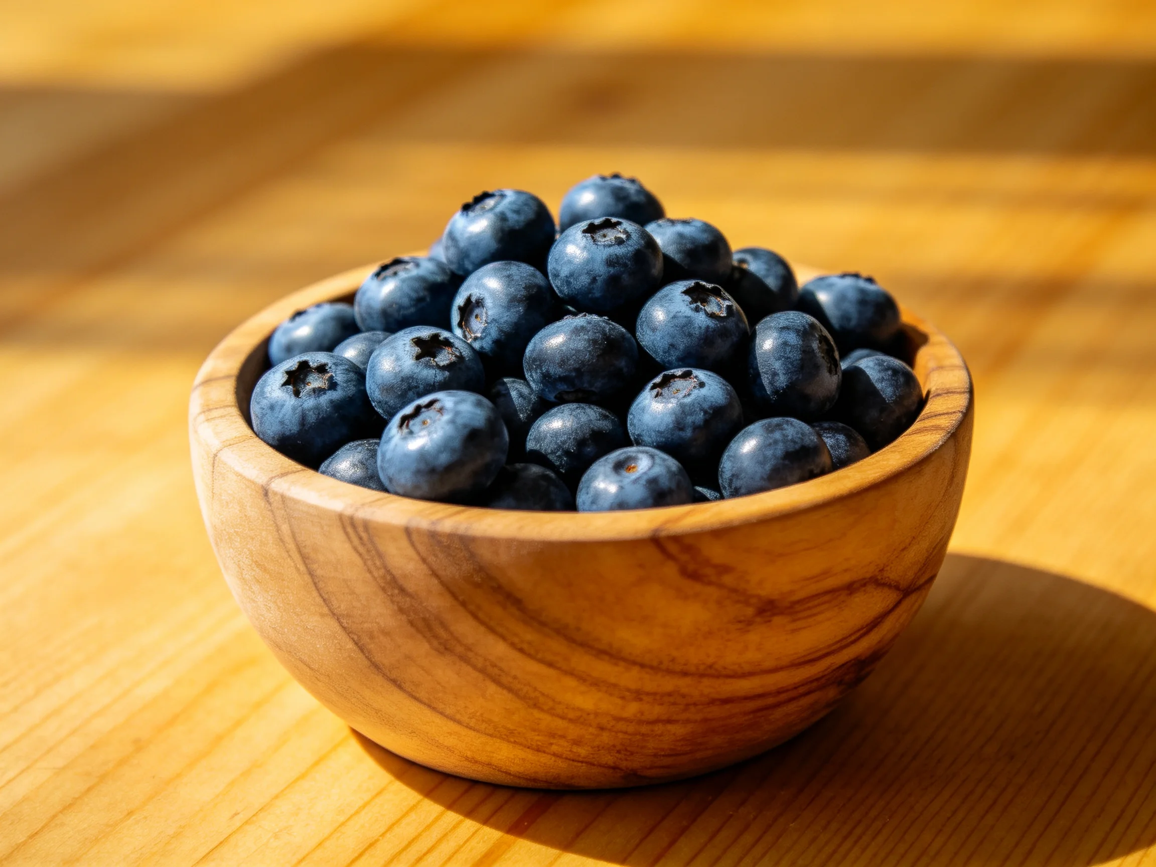 A wooden bowl filled with plump blueberries