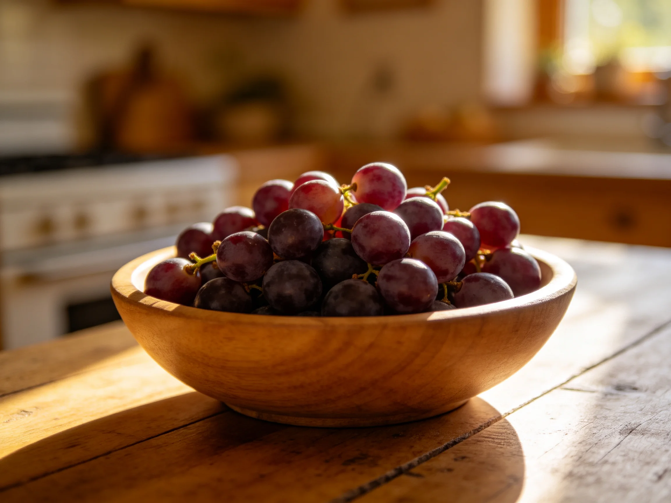 A wooden bowl filled with purple and red grapes on a sunlit table