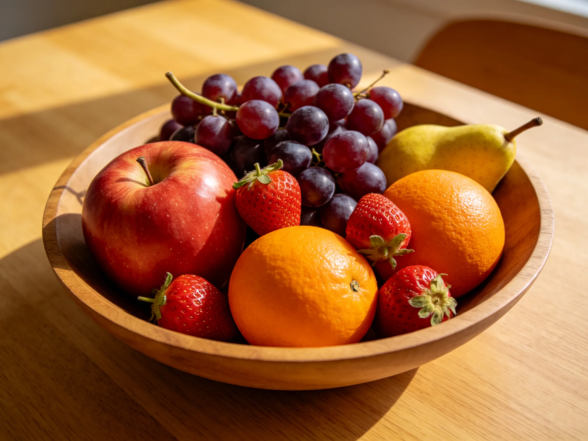 A wooden bowl filled with vibrant assorted fruits including apples, grapes, oranges, strawberries, an