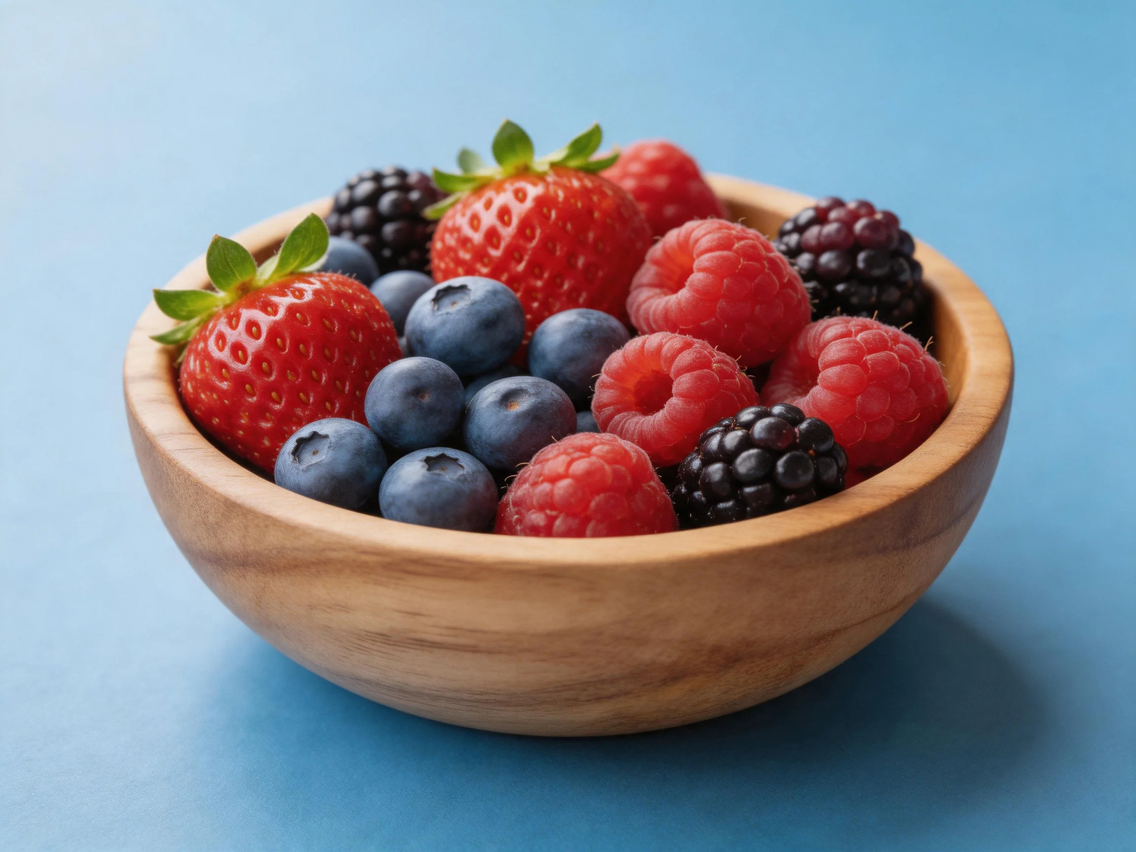 A wooden bowl filled with vibrant mixed berries including strawberries, raspberries, blueberries, and