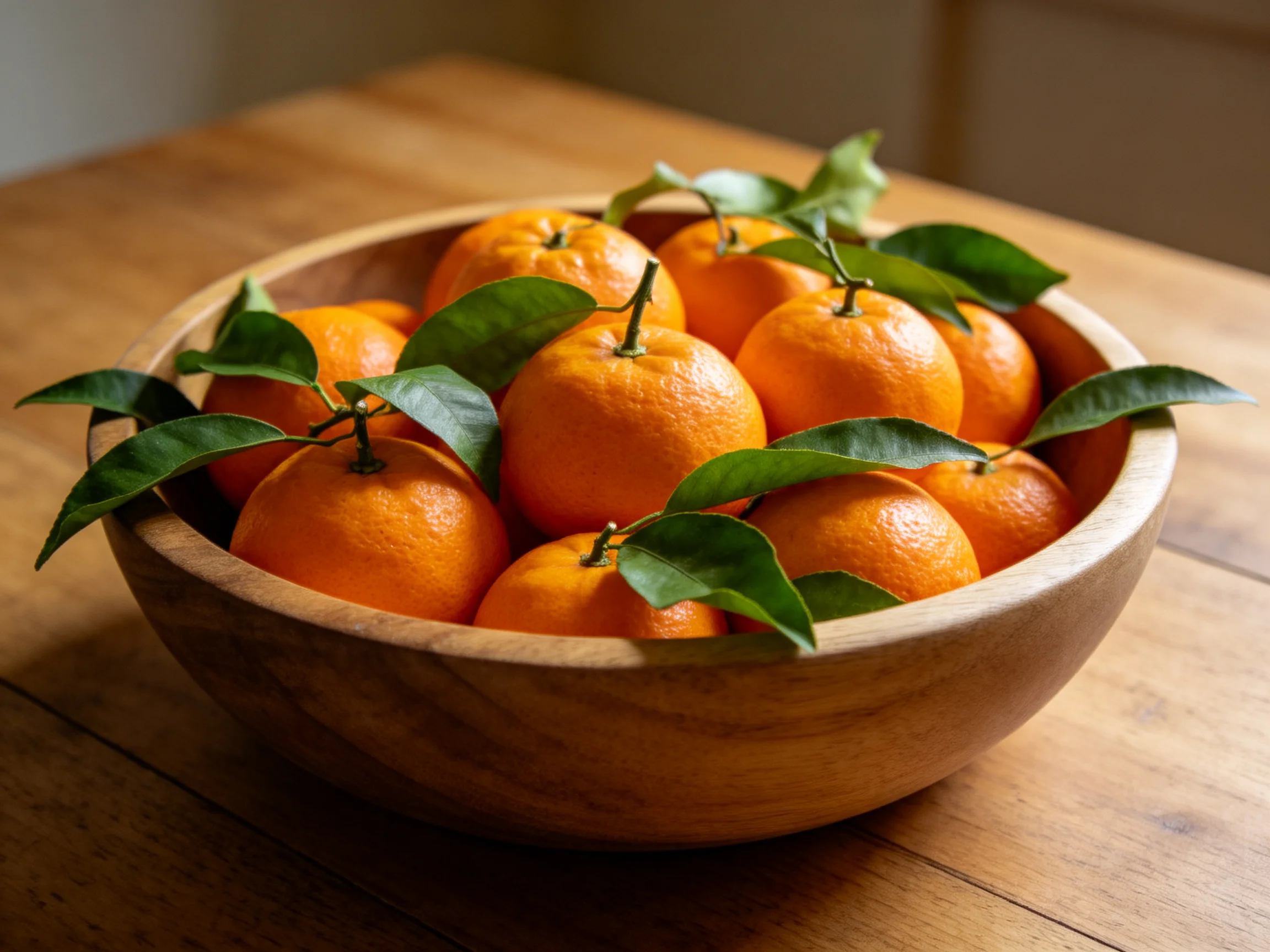 A wooden bowl filled with vibrant oranges and fresh green leaves
