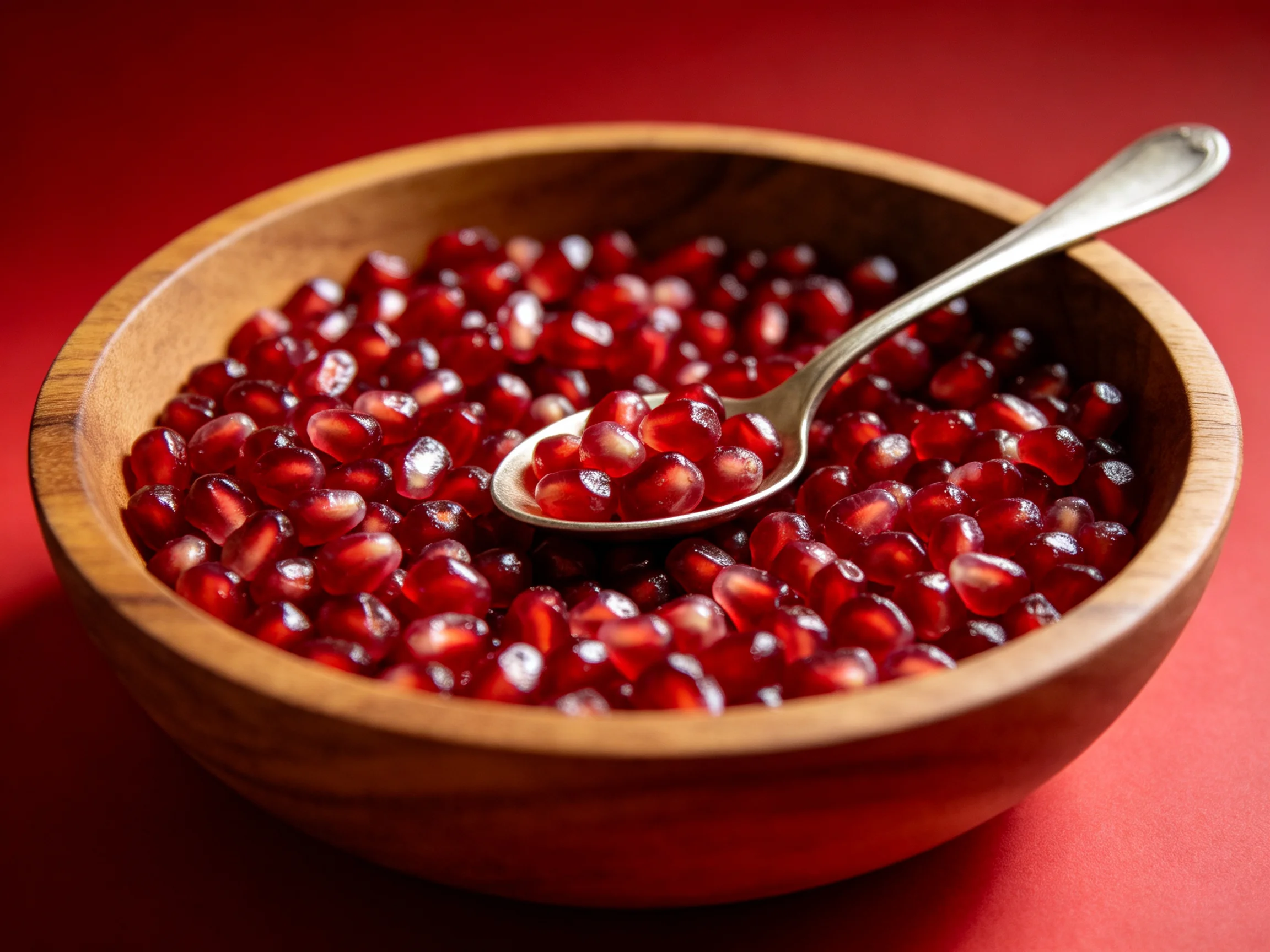 A wooden bowl filled with vibrant red pomegranate seeds and a silver spoon