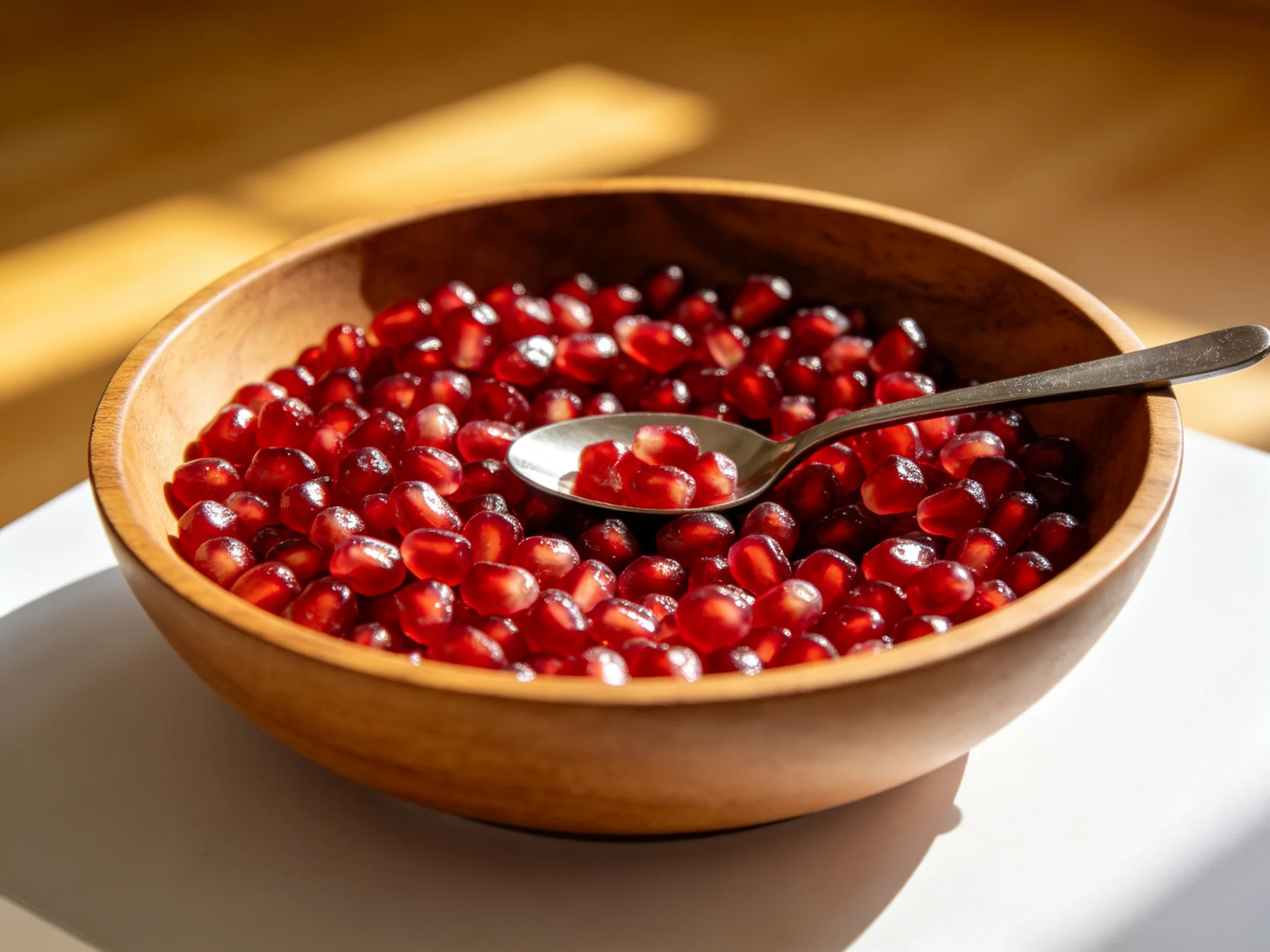 A wooden bowl filled with vibrant red pomegranate seeds under warm light