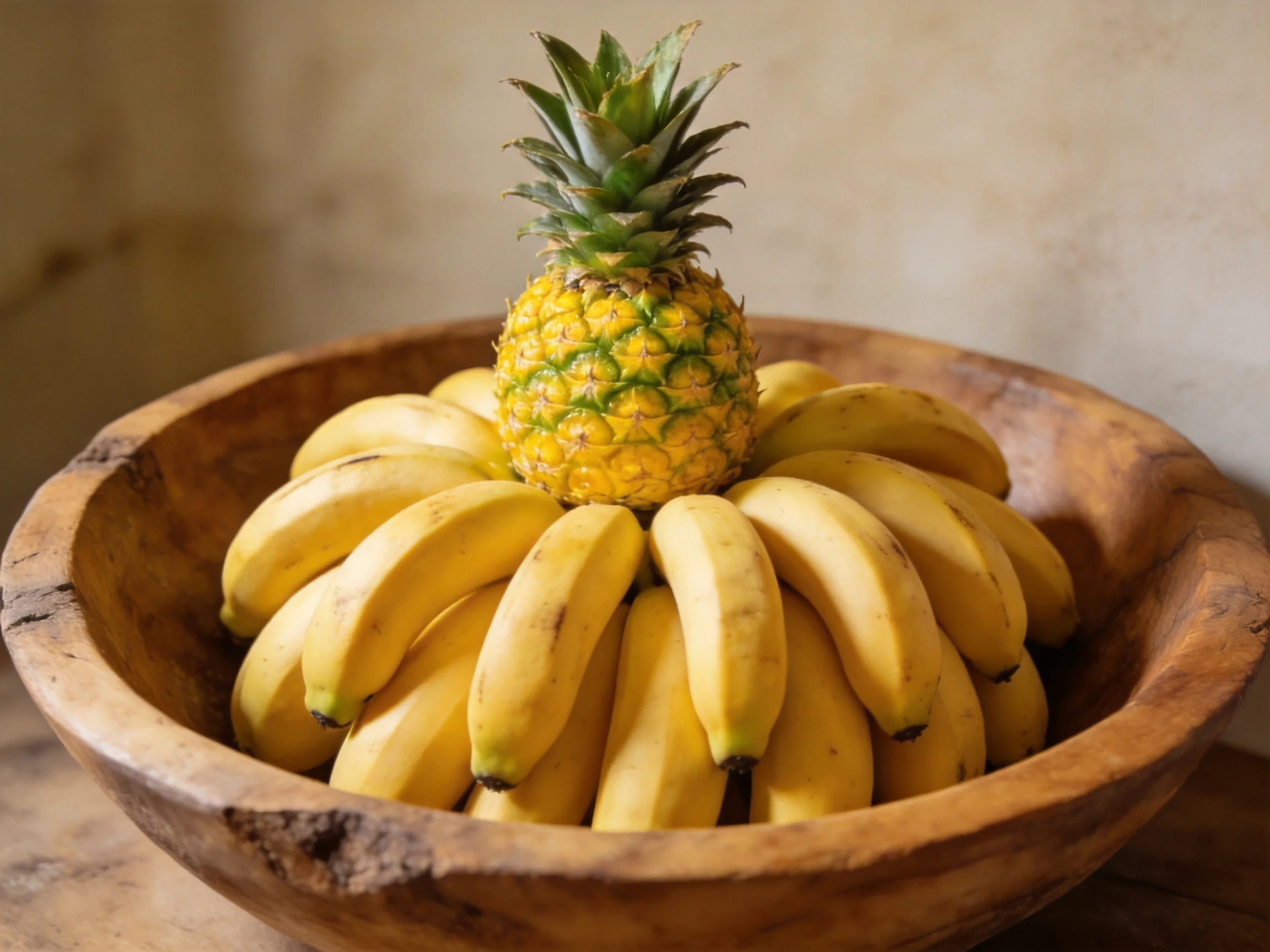 A wooden bowl filled with yellow bananas centers a green-topped pineapple