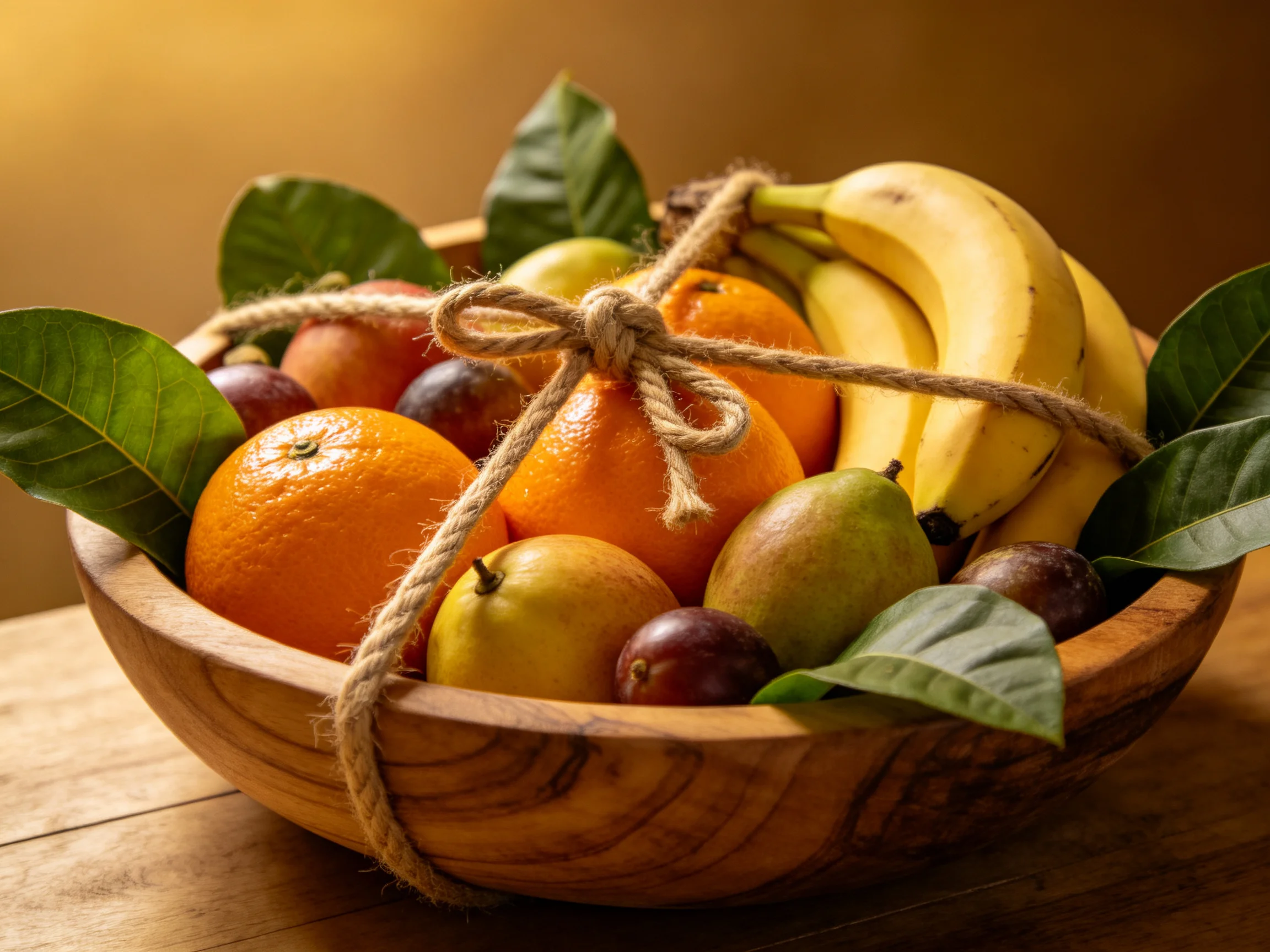 A wooden bowl holding vibrant citrus, bananas, and assorted fruits tied with twine