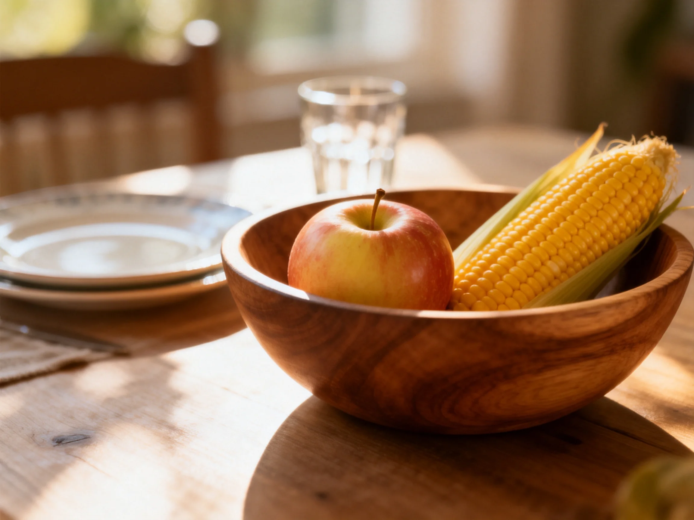 A wooden bowl holds a red apple and corn near stacked plates