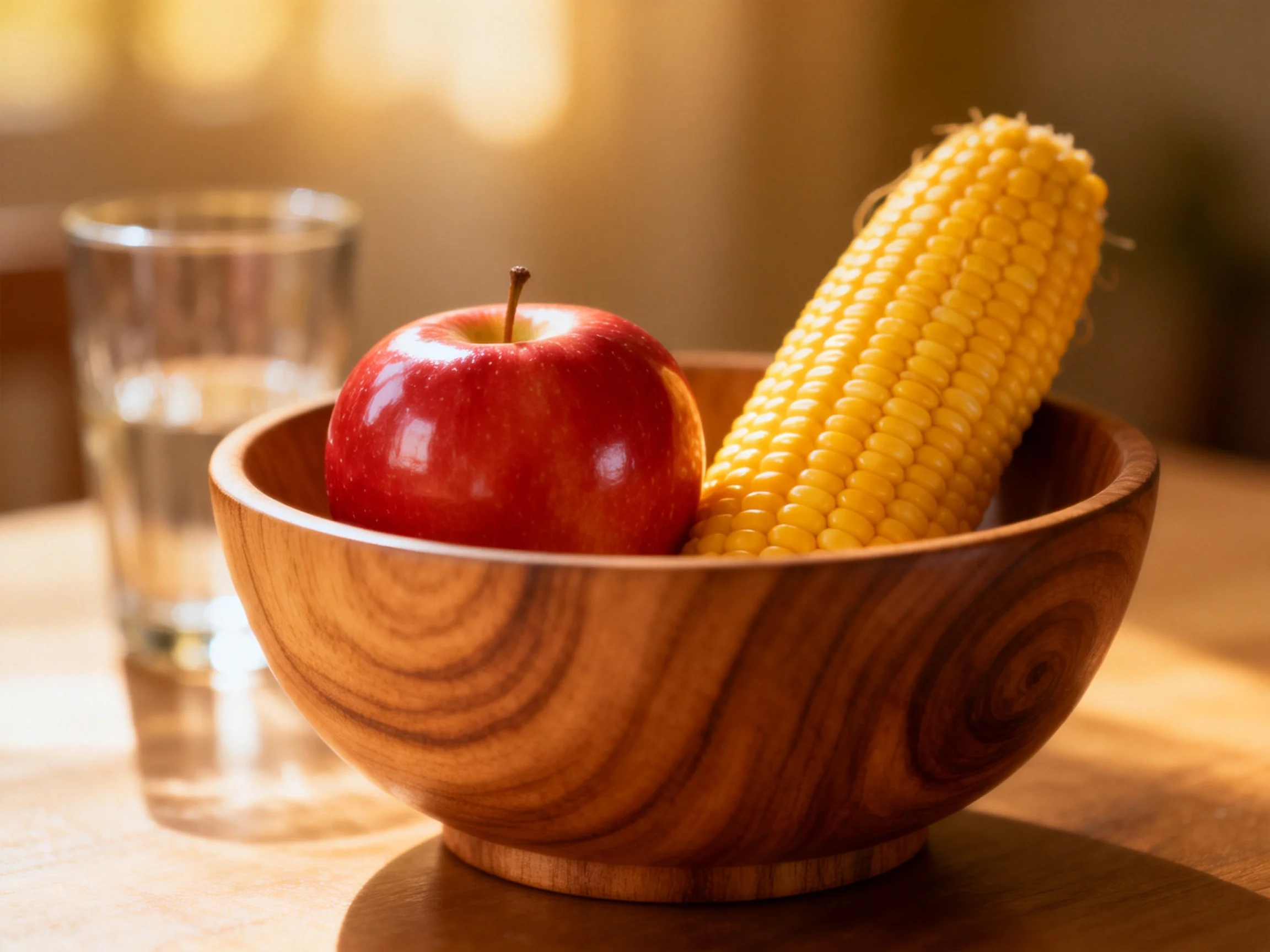 A wooden bowl holds a red apple and yellow corn near a glass of water