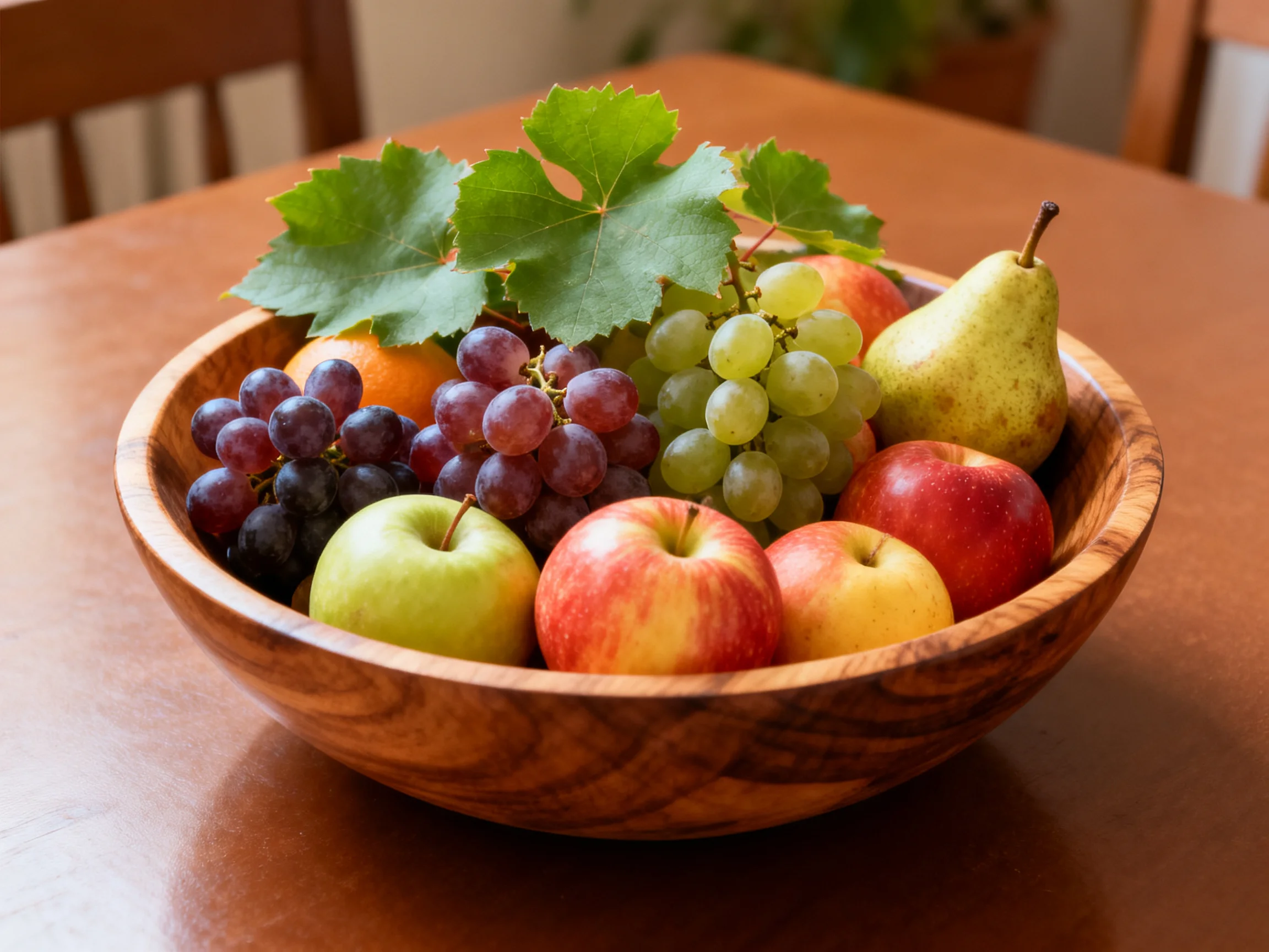A wooden bowl holds assorted colorful fruits including apples, grapes, and a pear