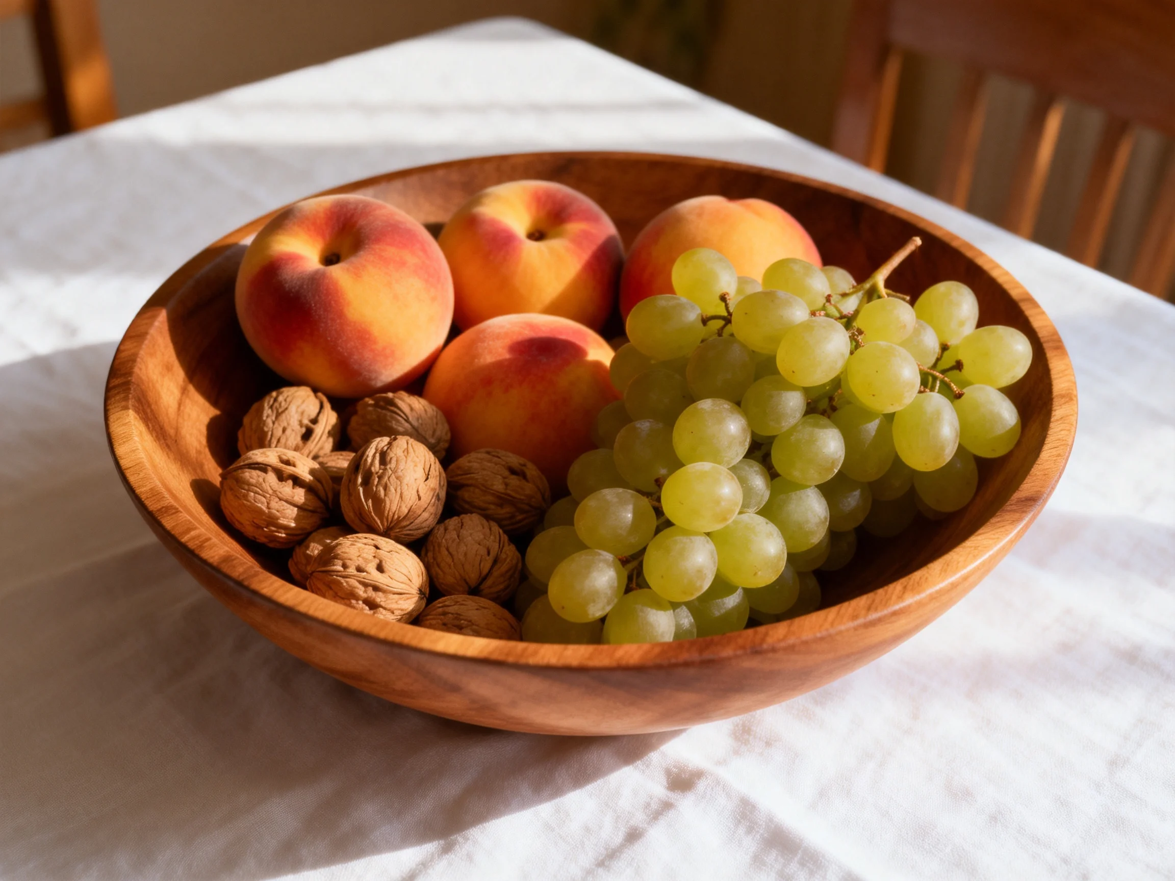 A wooden bowl holds peaches, green grapes, and walnuts under bright sunlight