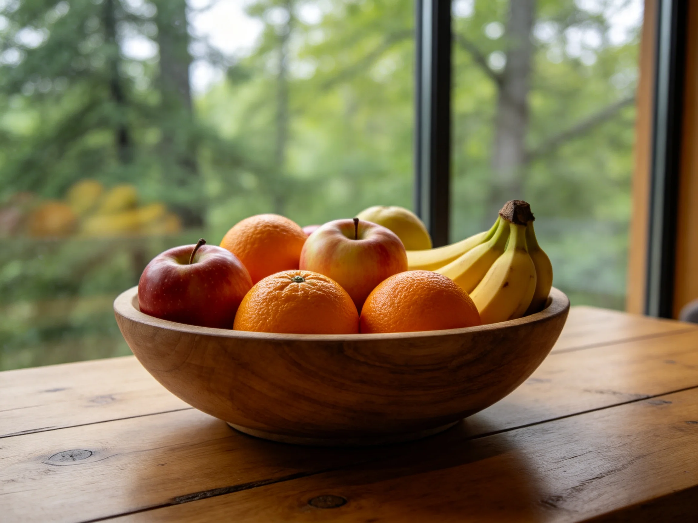 A wooden bowl holds red apples, oranges, and bananas by a sunlit window