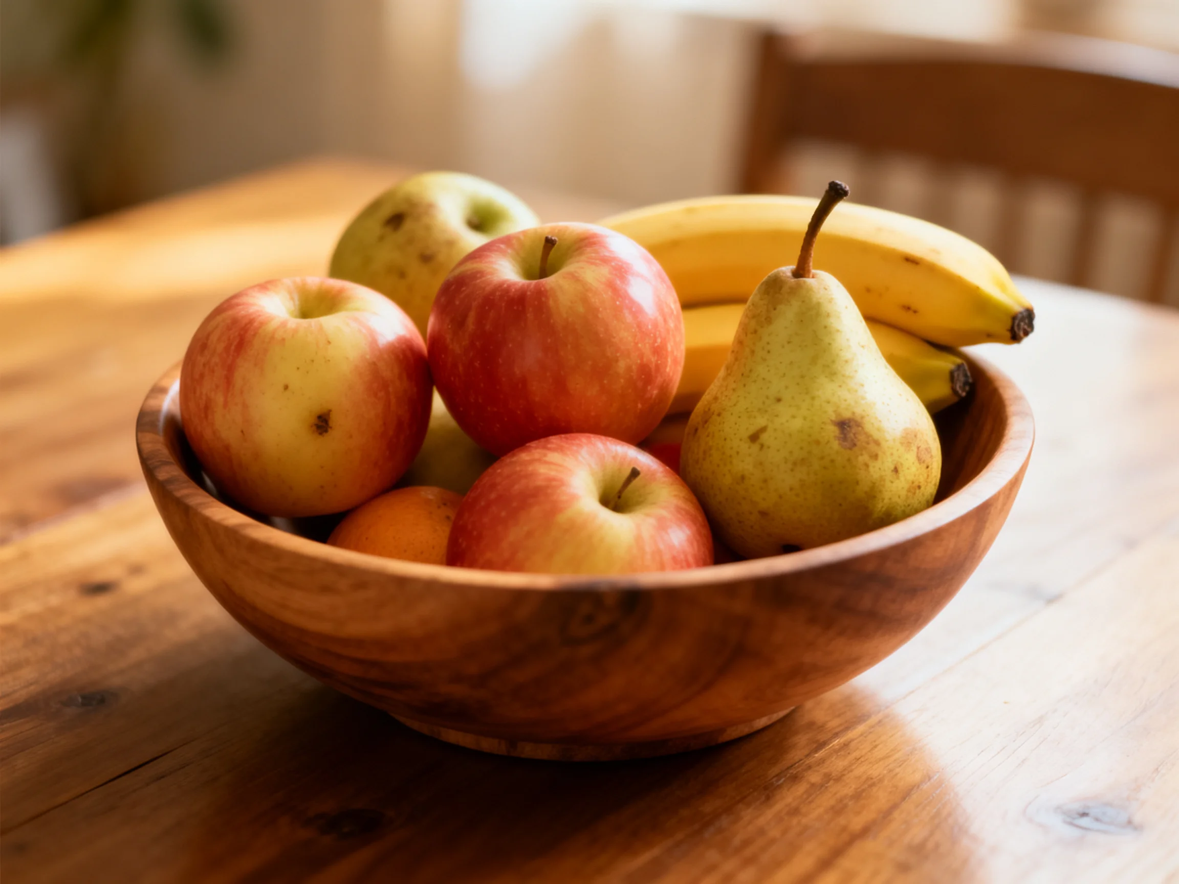 A wooden bowl holds red apples, yellow bananas, and a greenish-yellow pear.