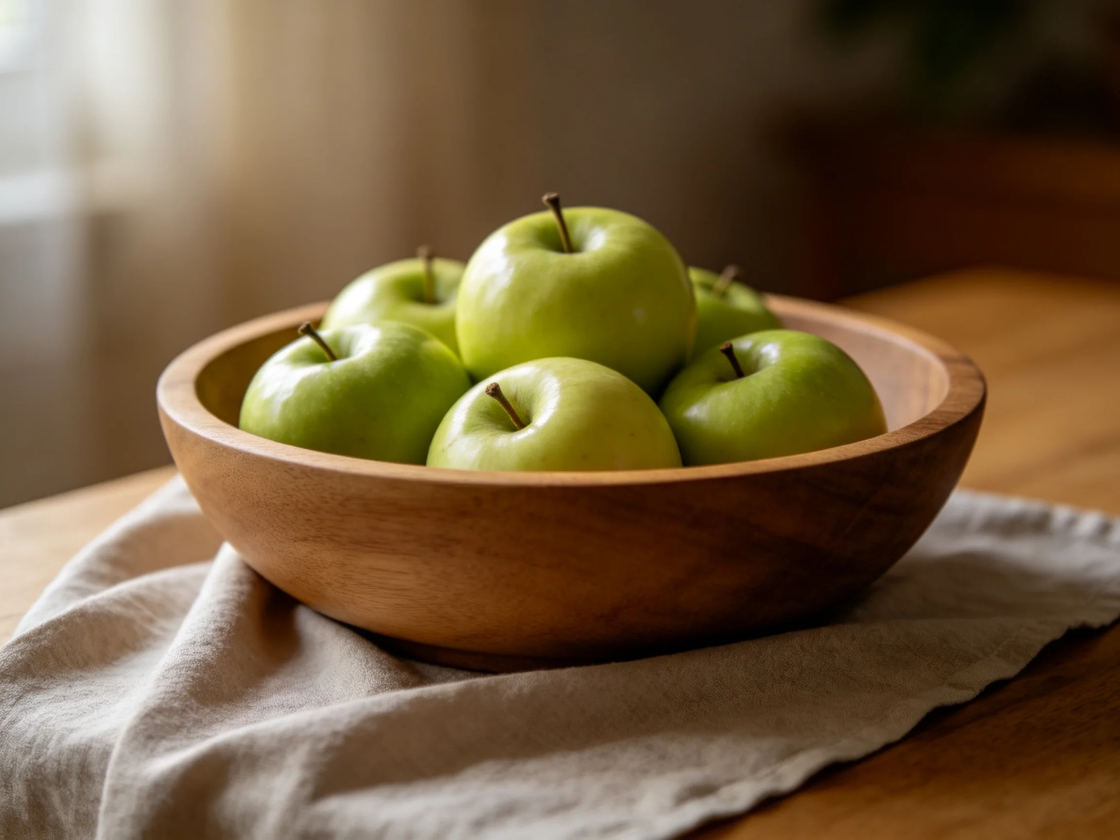A wooden bowl holds several bright green apples on a beige cloth