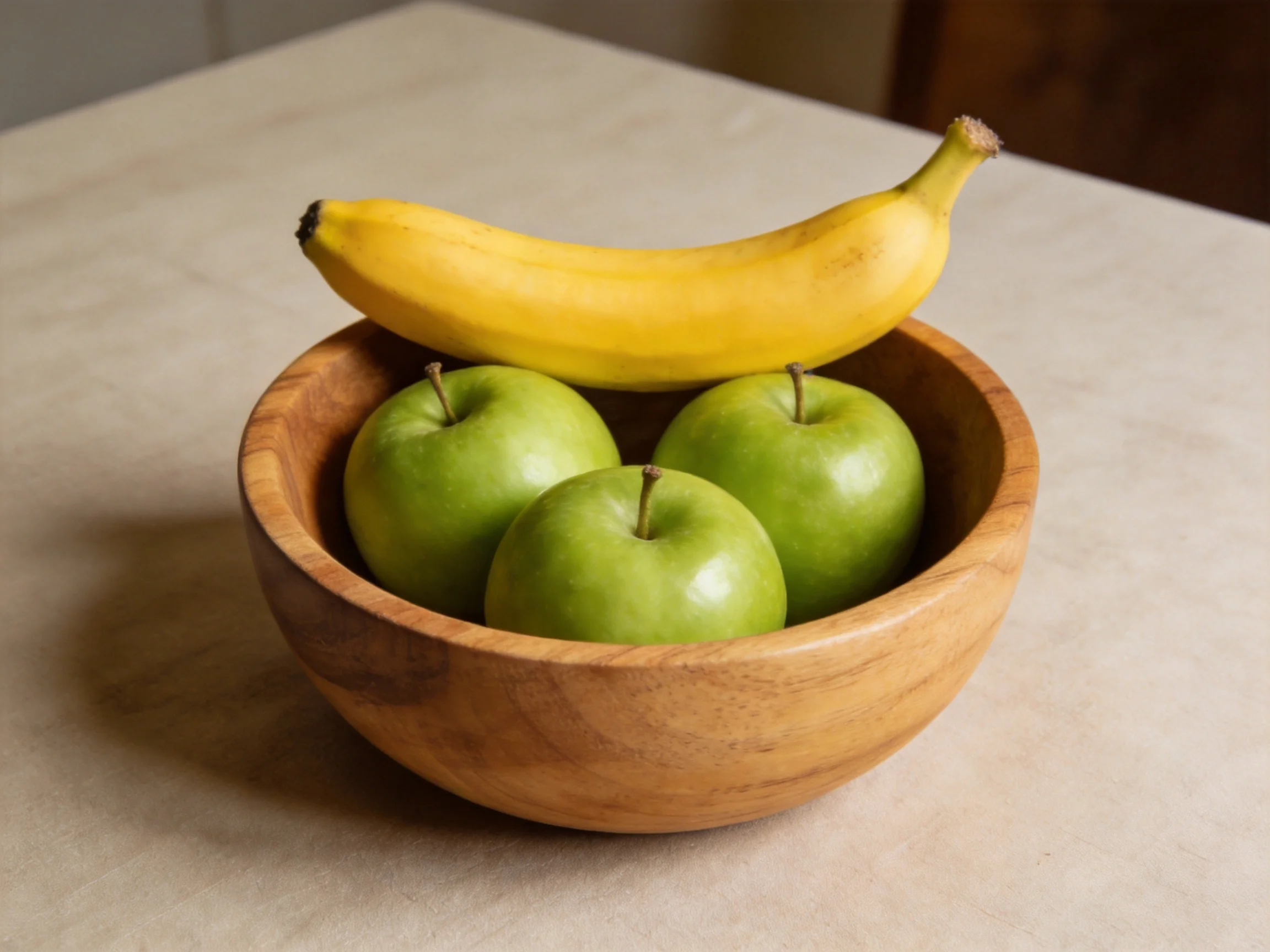 A wooden bowl holds three green apples and one yellow banana