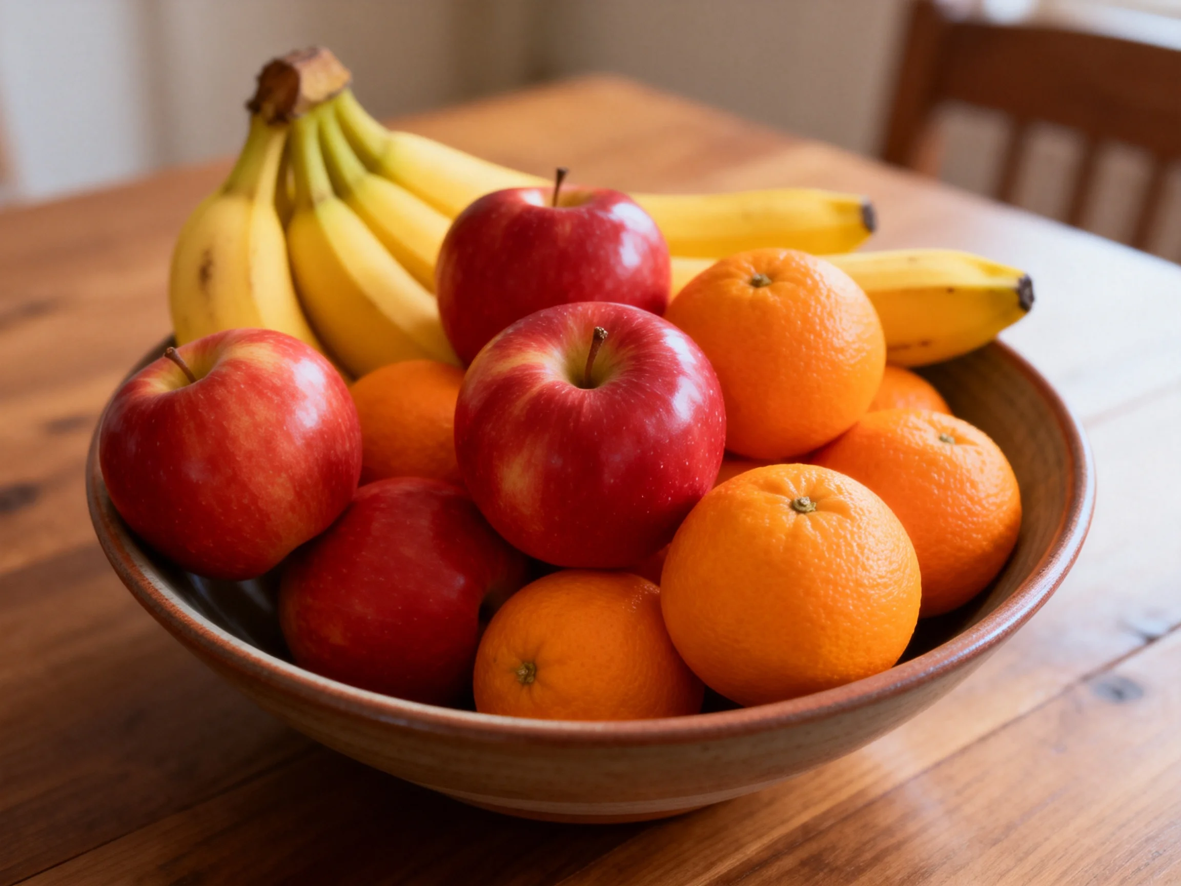 A wooden bowl holds vibrant bananas, red apples, and orange citrus fruits