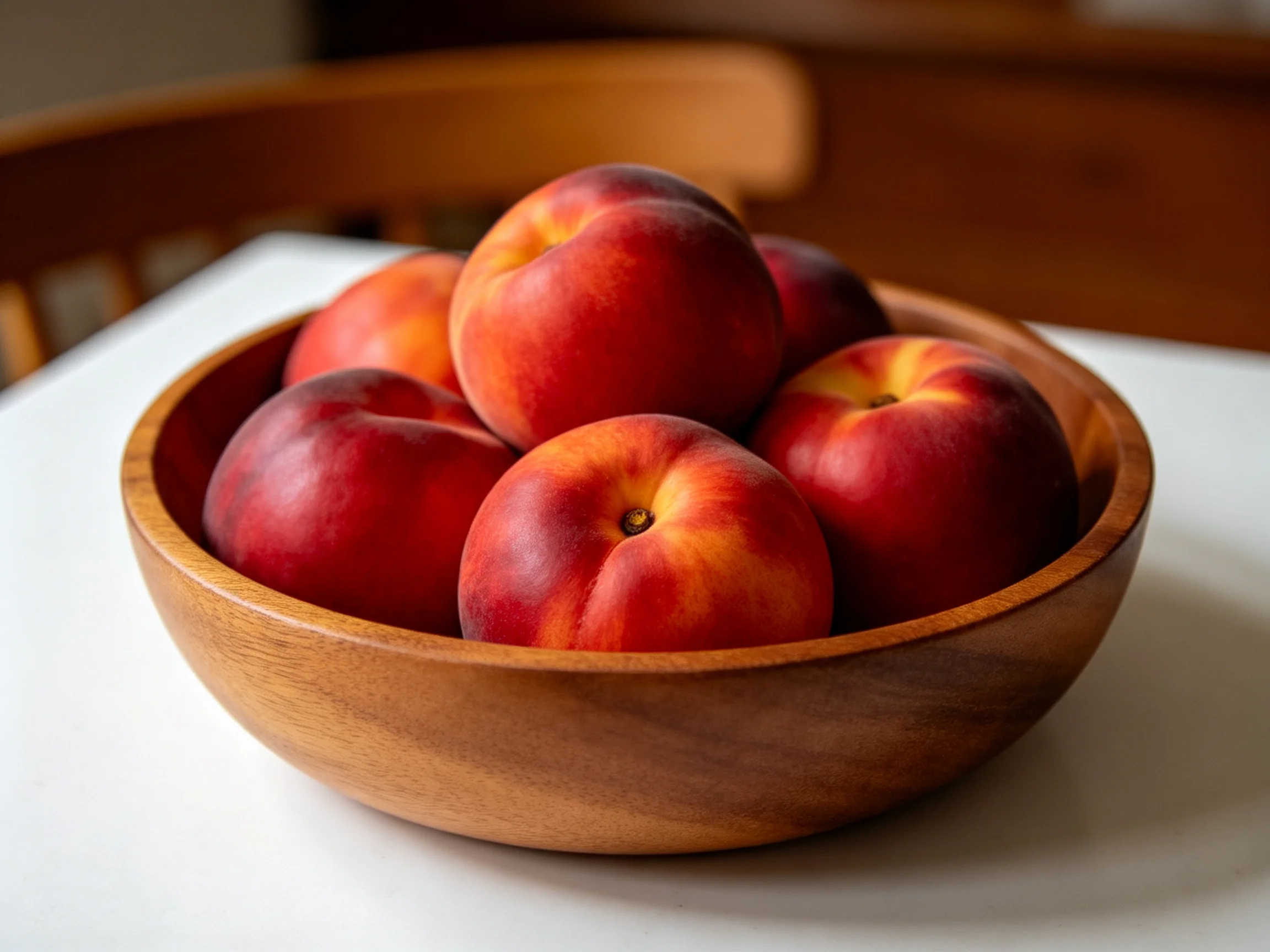 A wooden bowl holds vibrant red-orange peaches on a white table