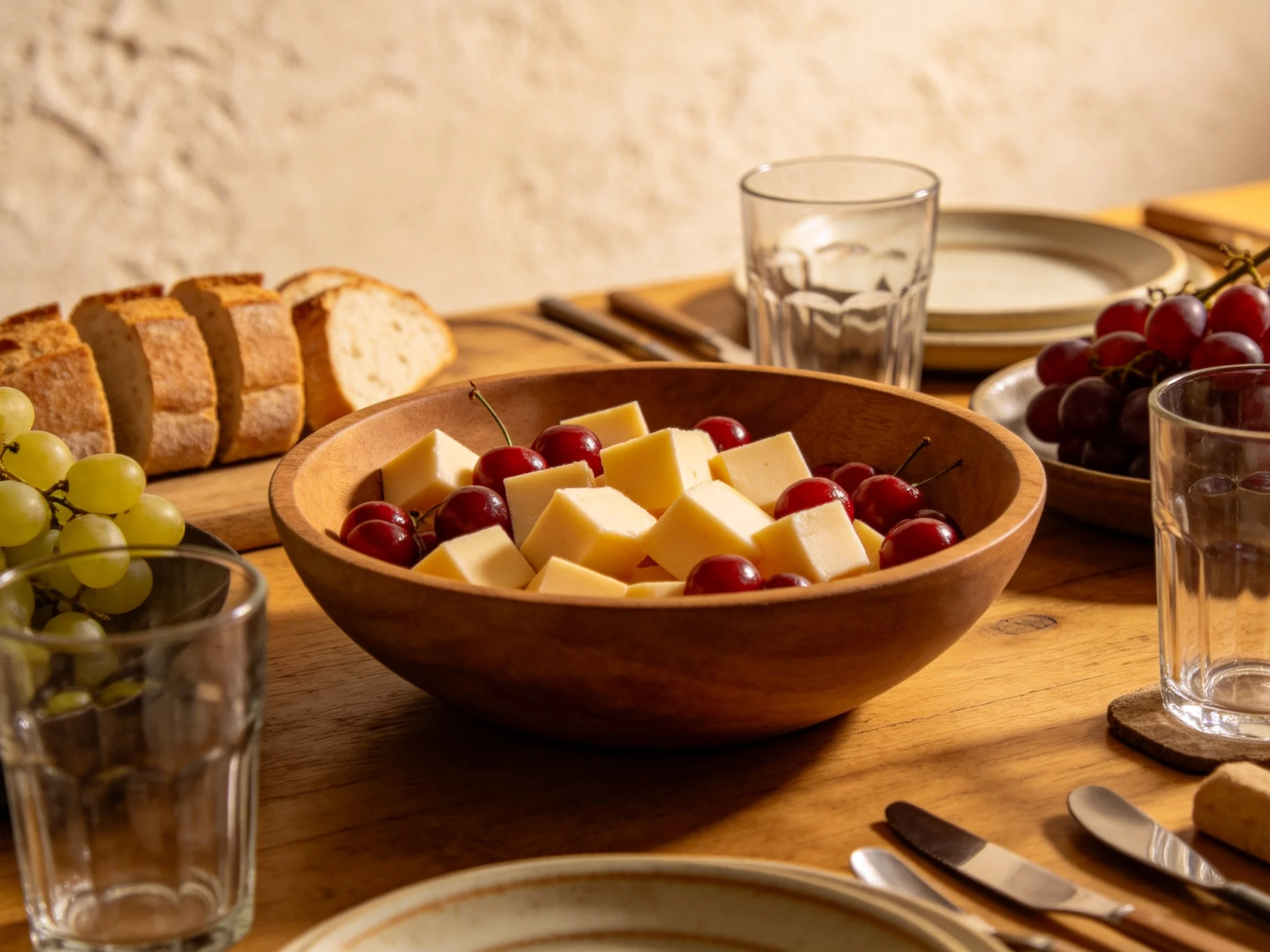A wooden bowl of cheese and cherries amid bread, grapes, and glassware