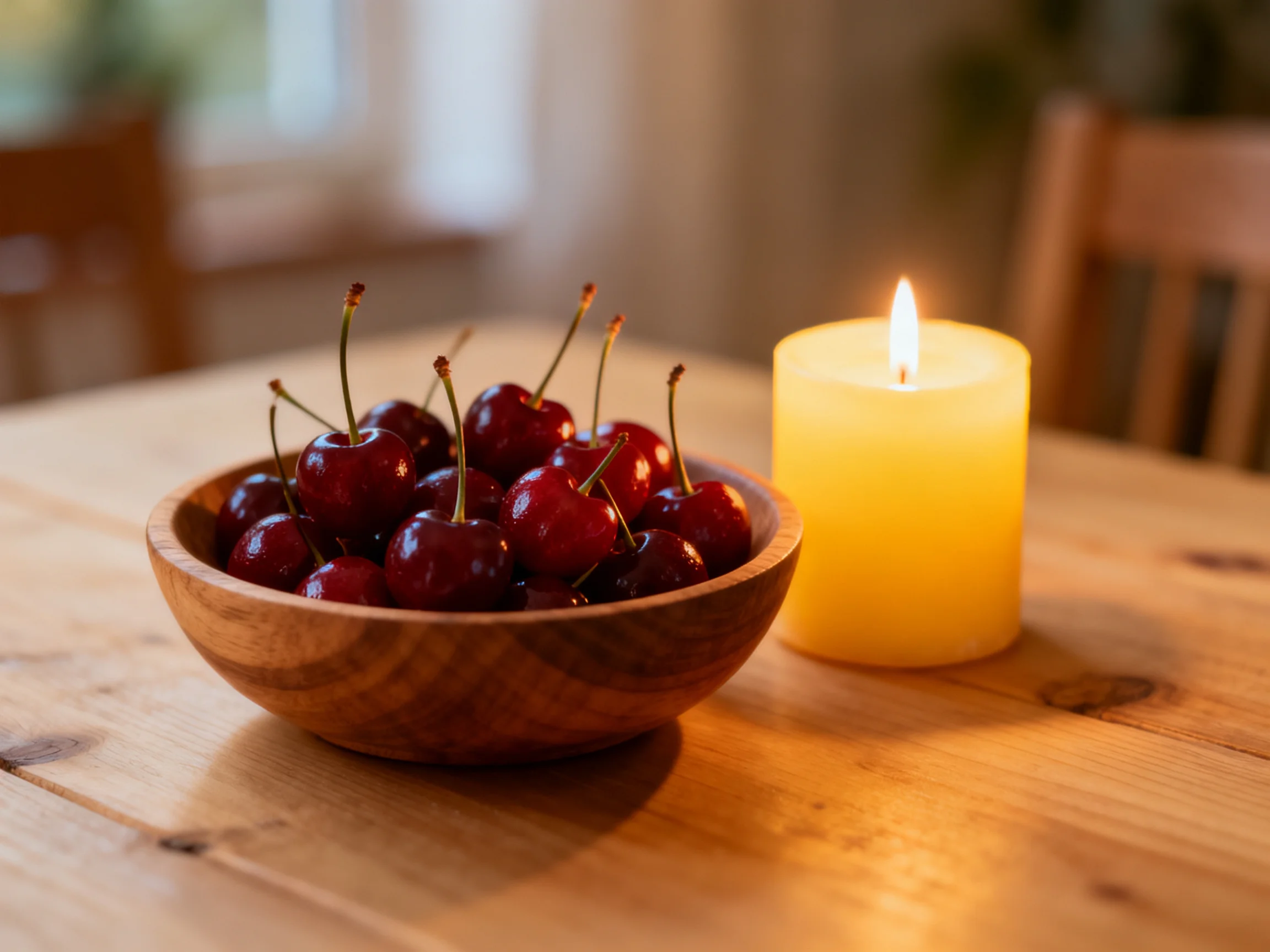 A wooden bowl of deep red cherries beside a glowing yellow candle