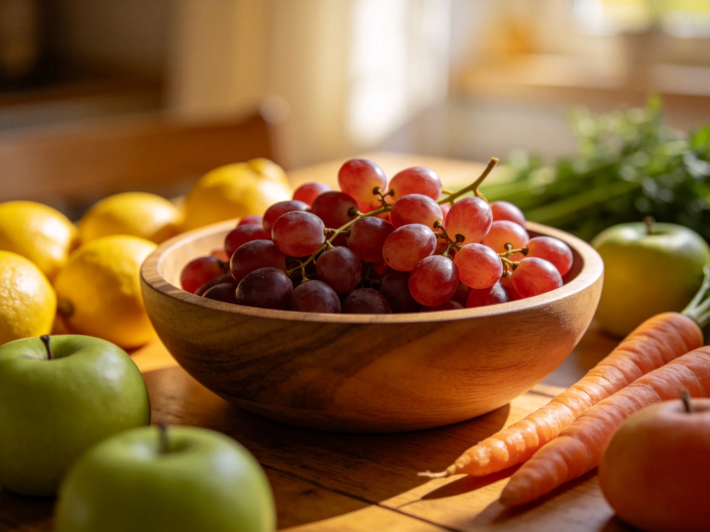 A wooden bowl of red grapes surrounded by lemons, apples, and carrots