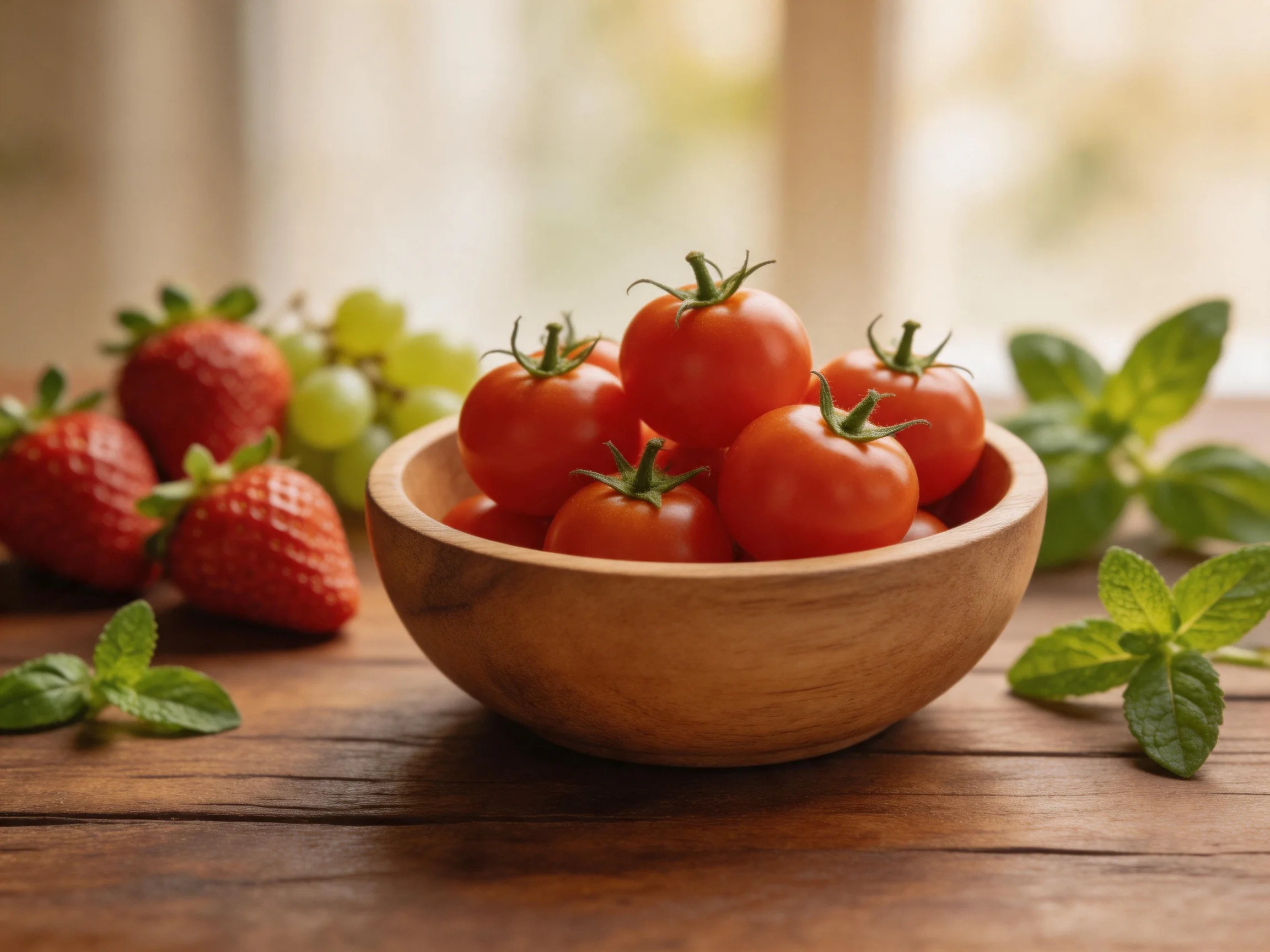 A wooden bowl of vibrant cherry tomatoes with strawberries, grapes, and mint nearby.