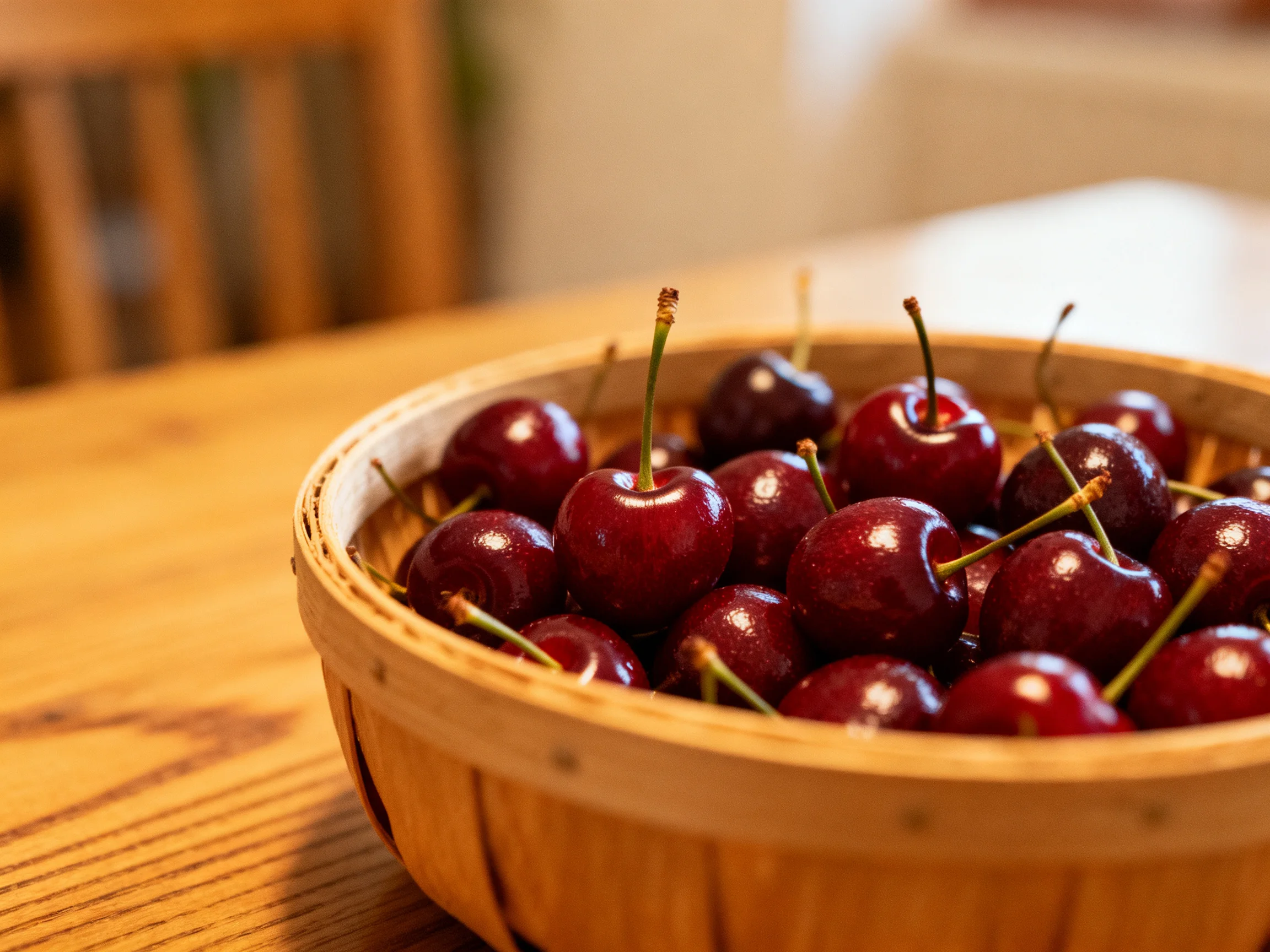 A wooden bowl overflowing with glossy red cherries on a wooden table