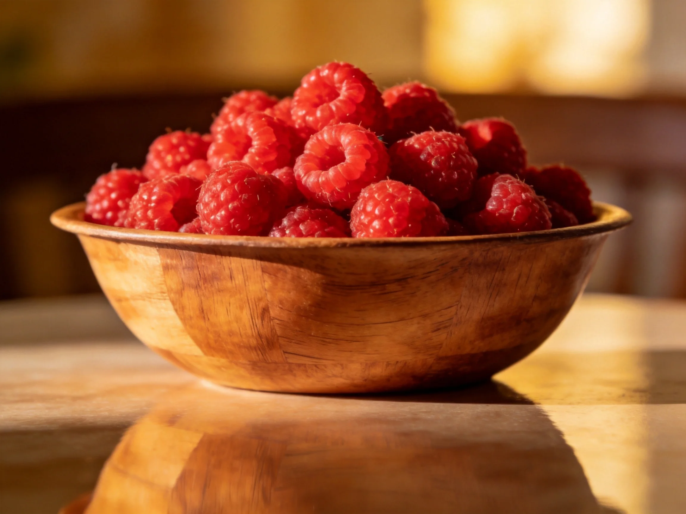 A wooden bowl overflowing with ripe red raspberries