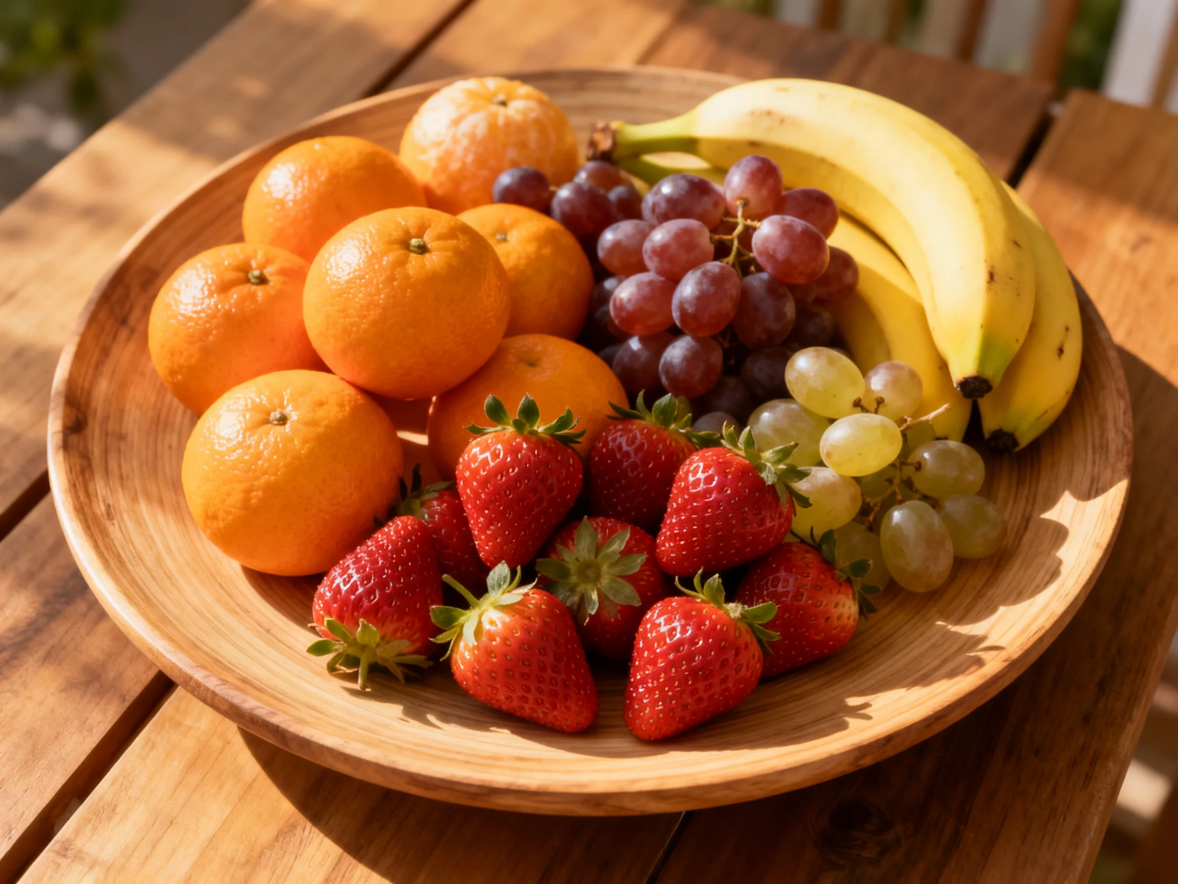 A wooden bowl showcases vibrant oranges, strawberries, grapes, and bananas