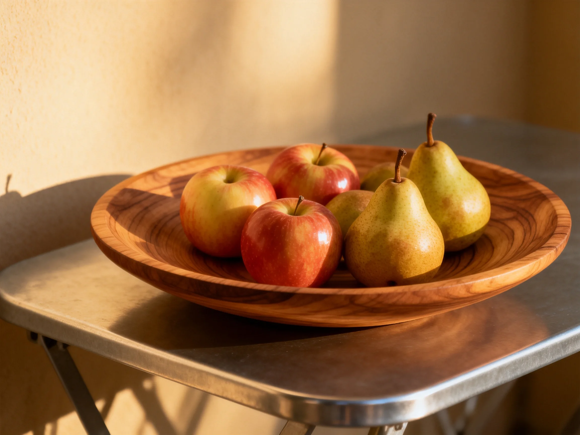 A wooden bowl with red apples and green-yellow pears on a metal table