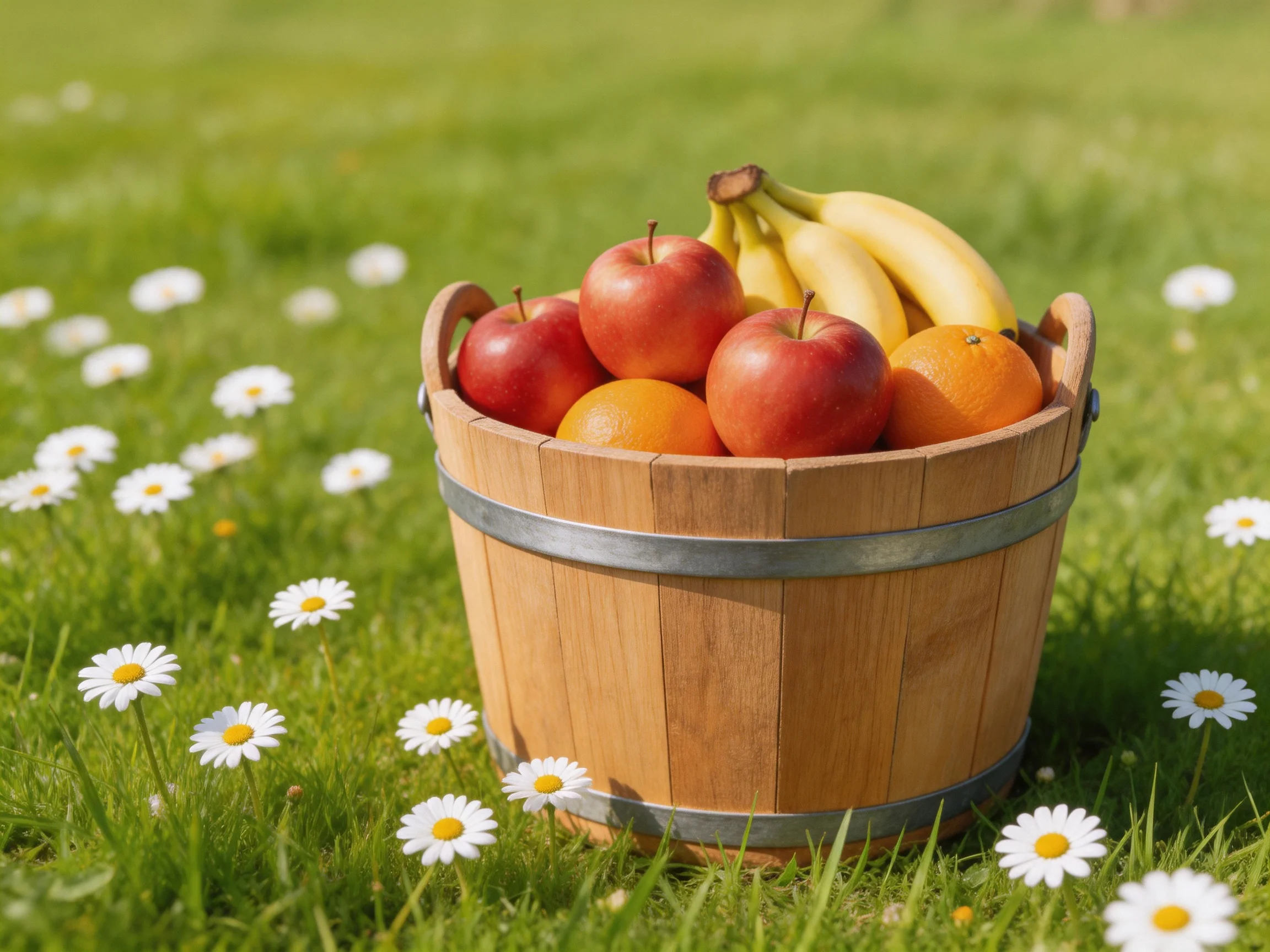 A wooden bucket holds red apples, yellow bananas, and orange oranges amid green grass