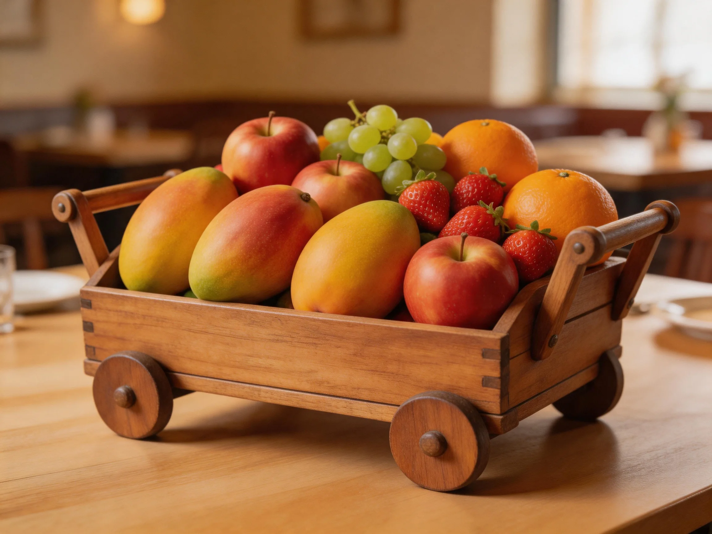 A wooden cart holds assorted colorful fruits including mangoes, apples, and oranges