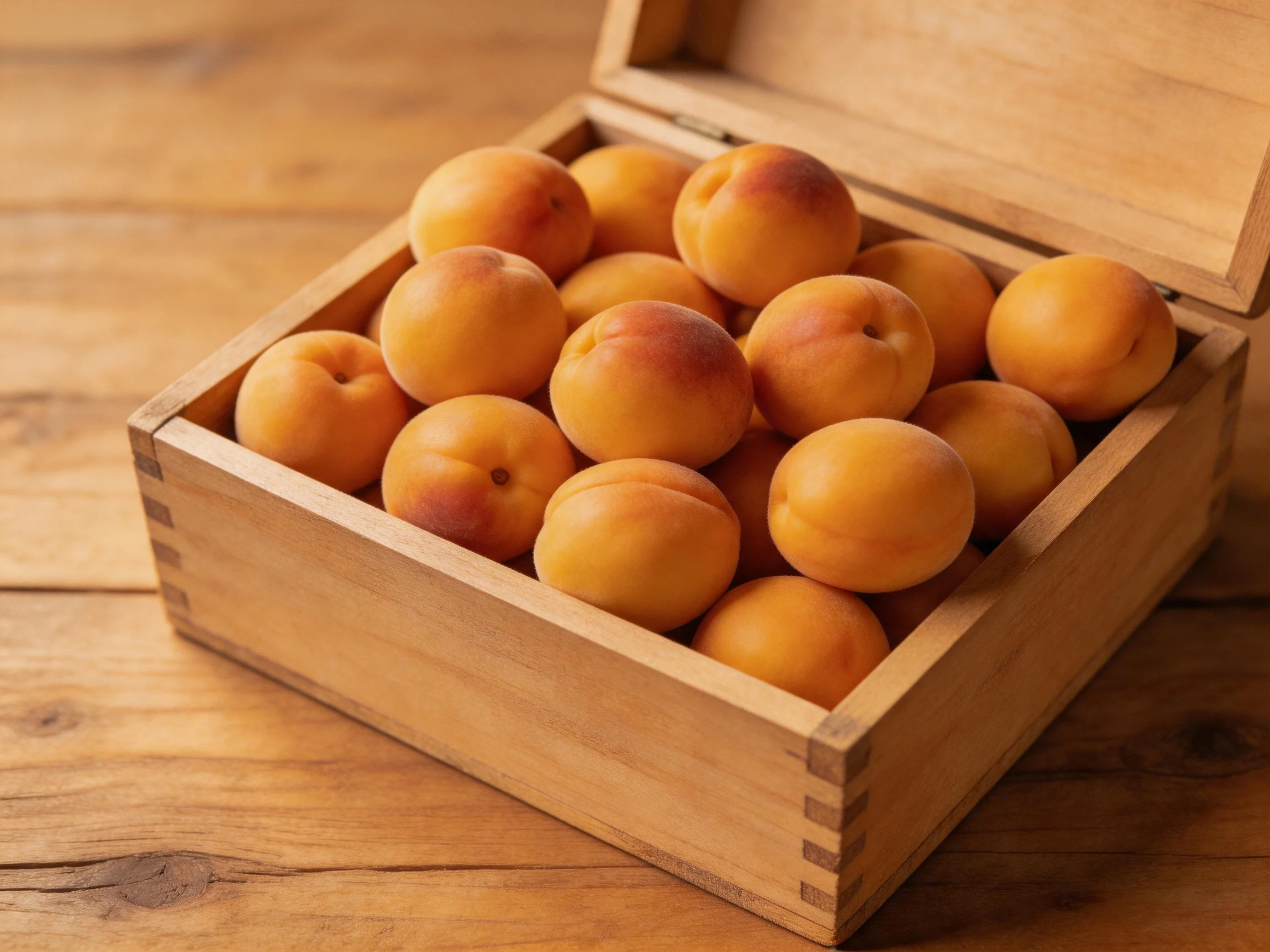 A wooden crate brimming with golden-orange apricots on a wooden surface