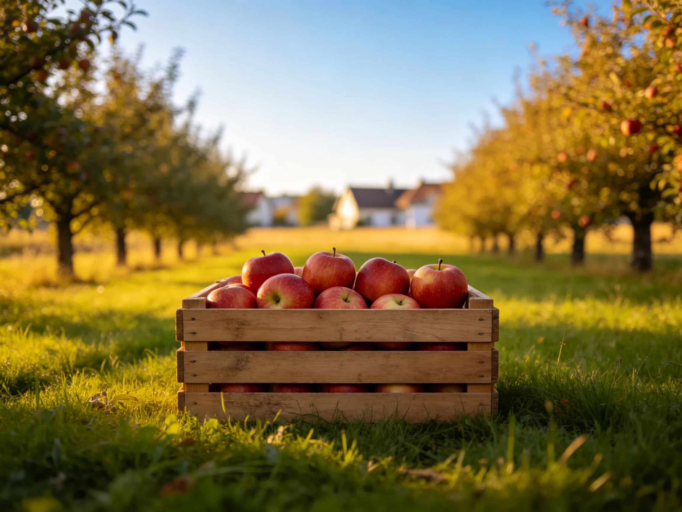 A wooden crate brimming with red apples in a sunlit orchard