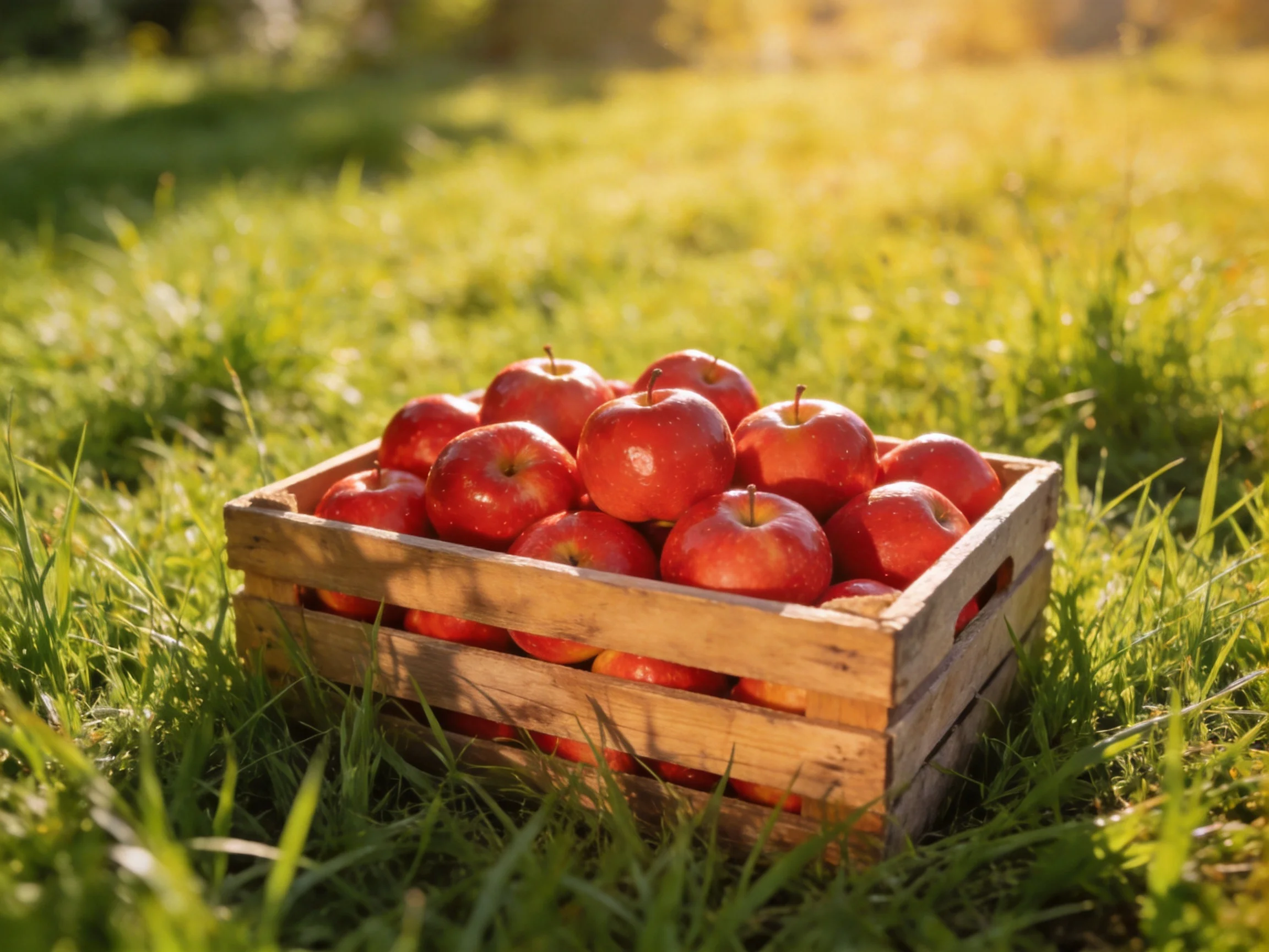 A wooden crate brimming with red apples rests on green grass.