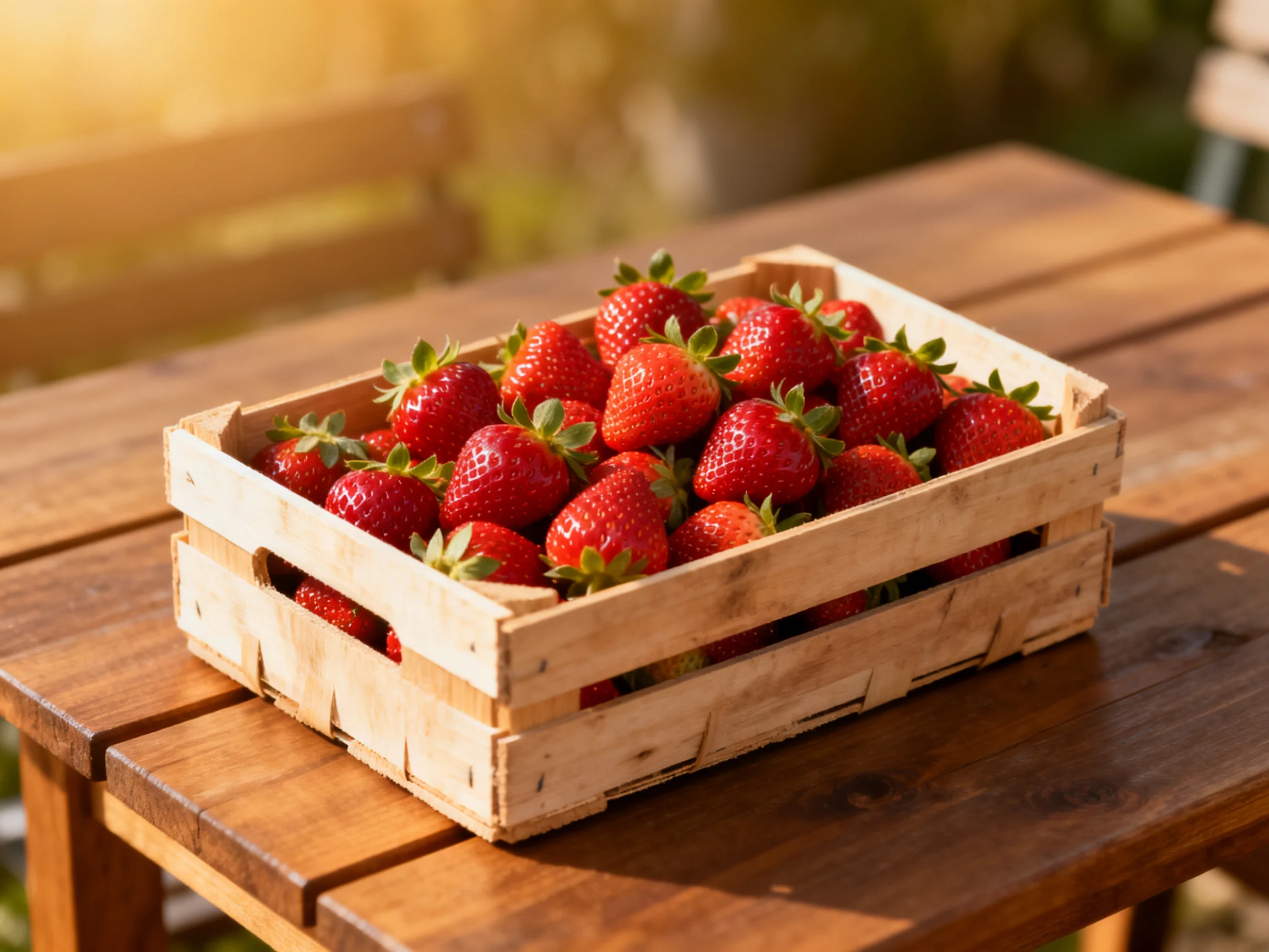 A wooden crate brimming with vibrant red strawberries sits on a polished table.