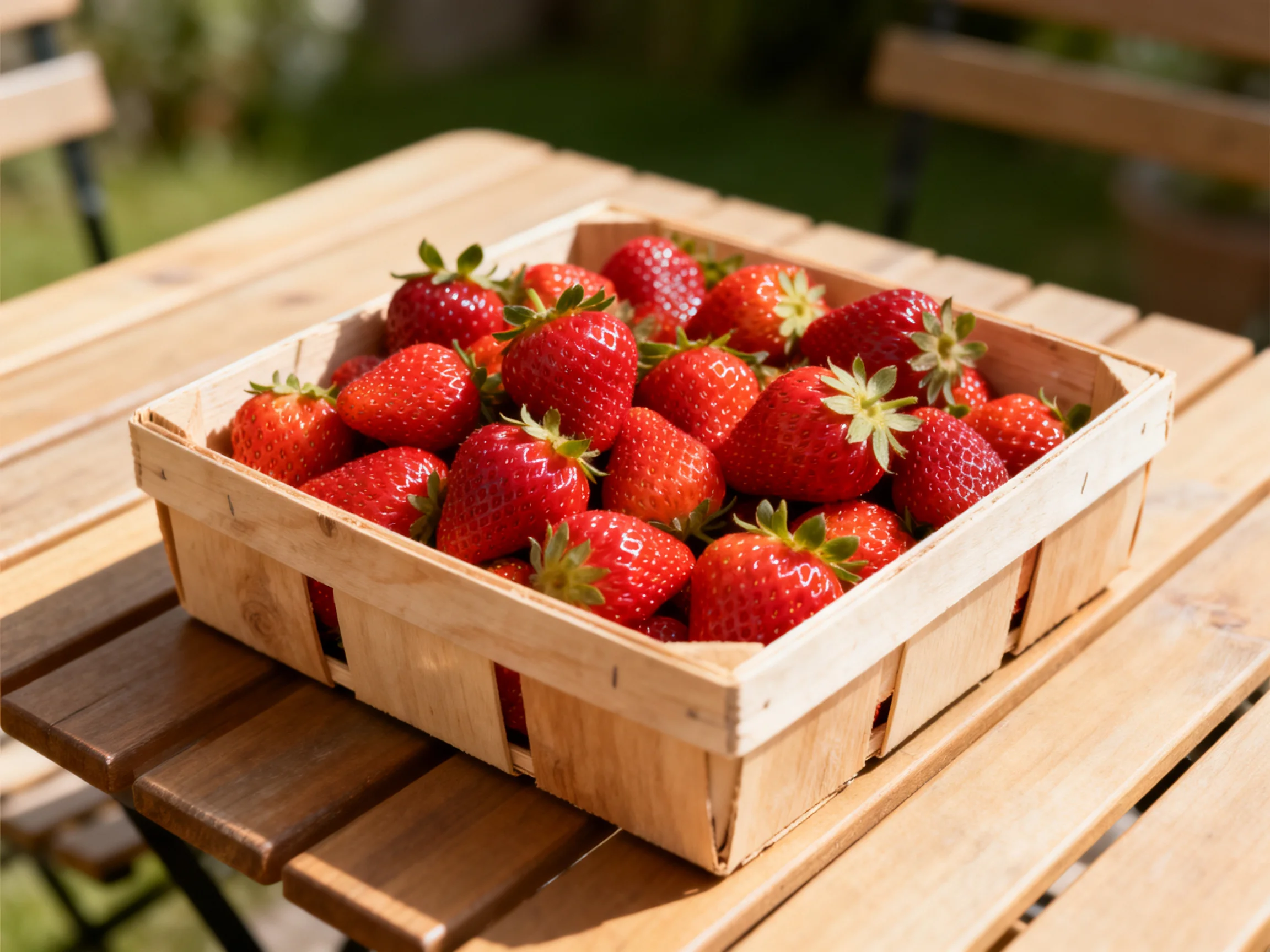 A wooden crate brimming with vibrant red strawberries sits on a slatted wooden table