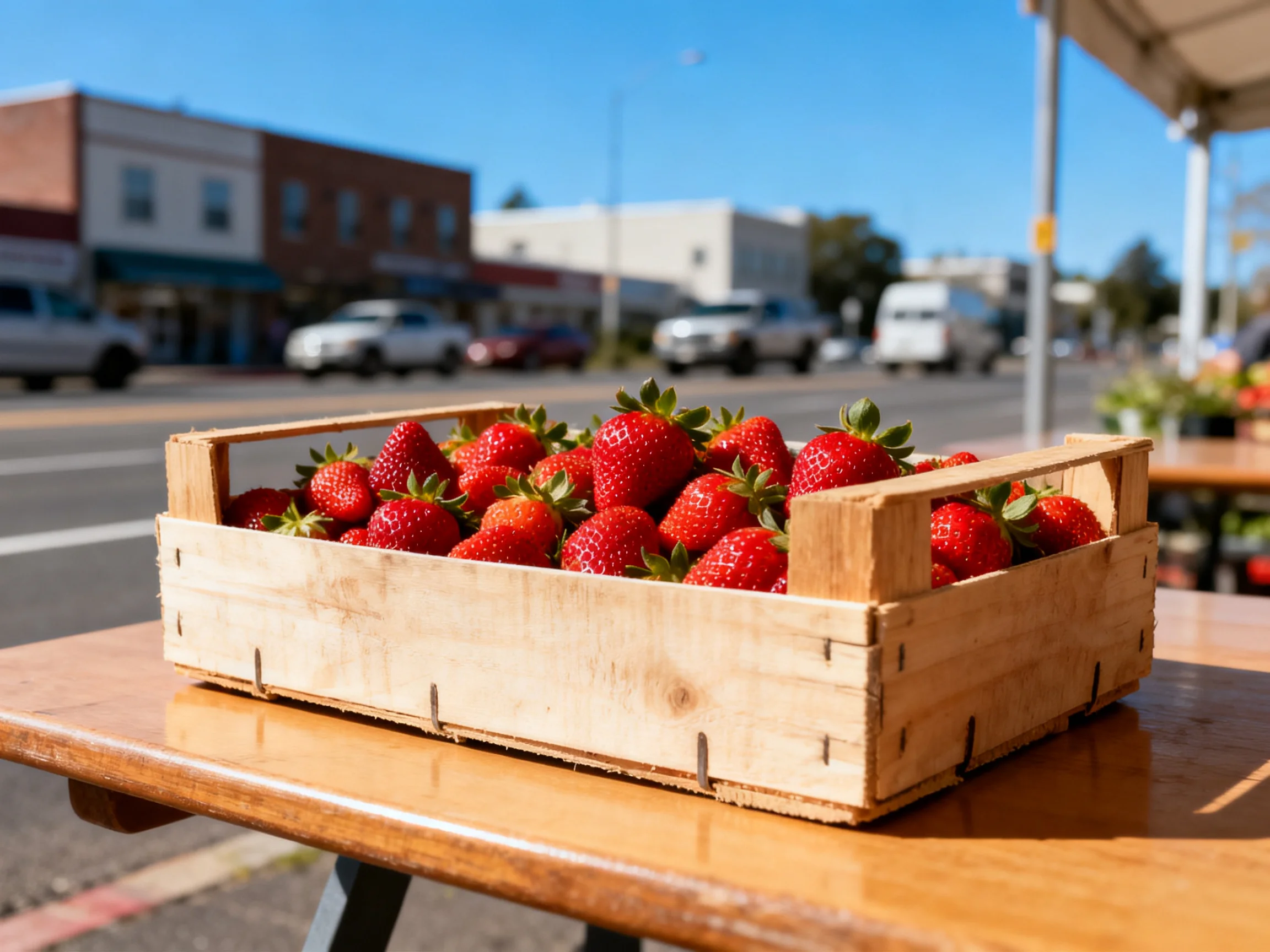 A wooden crate brimming with vibrant red strawberries sits on an outdoor table