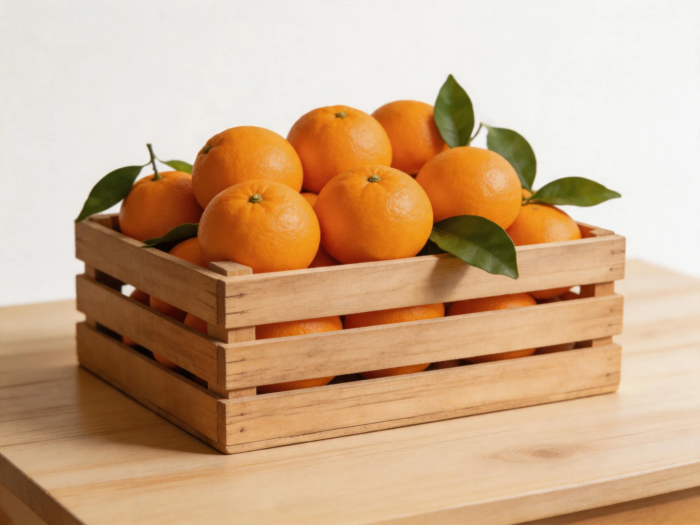 A wooden crate filled with bright orange citrus fruits and green leaves