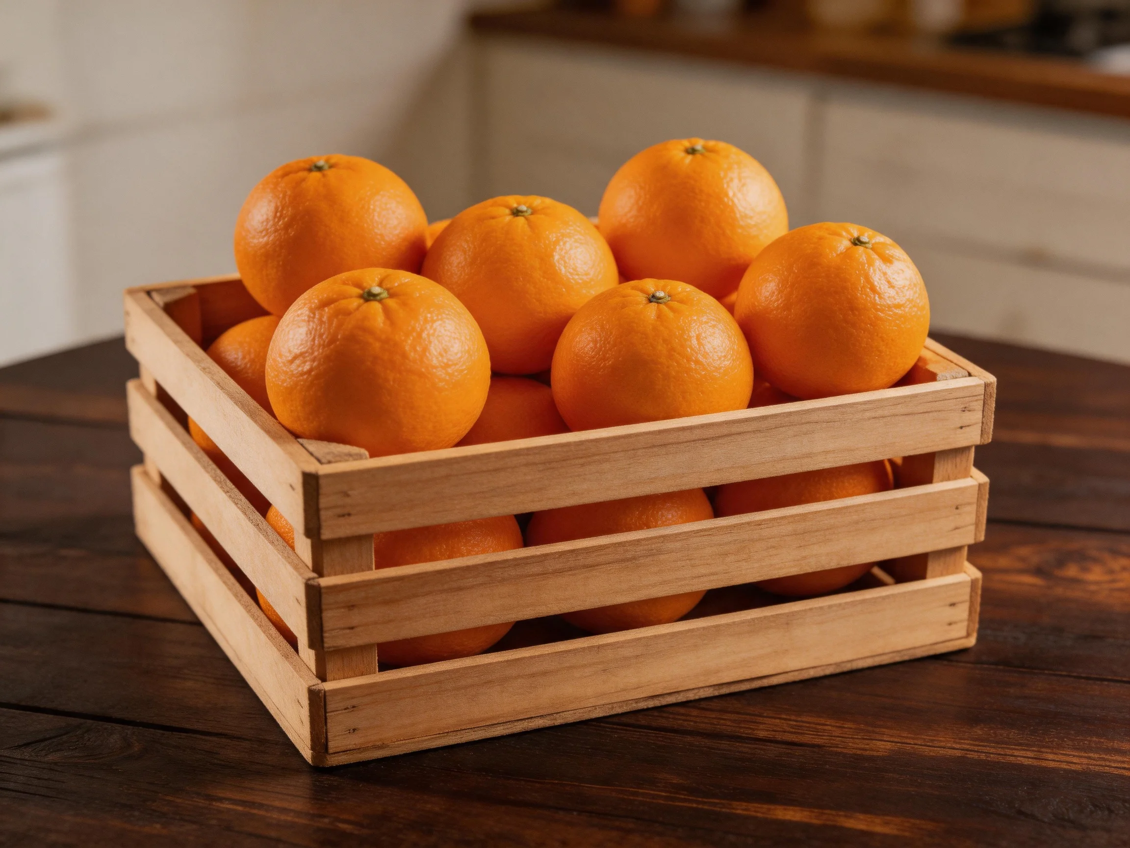 A wooden crate filled with bright orange citrus fruits