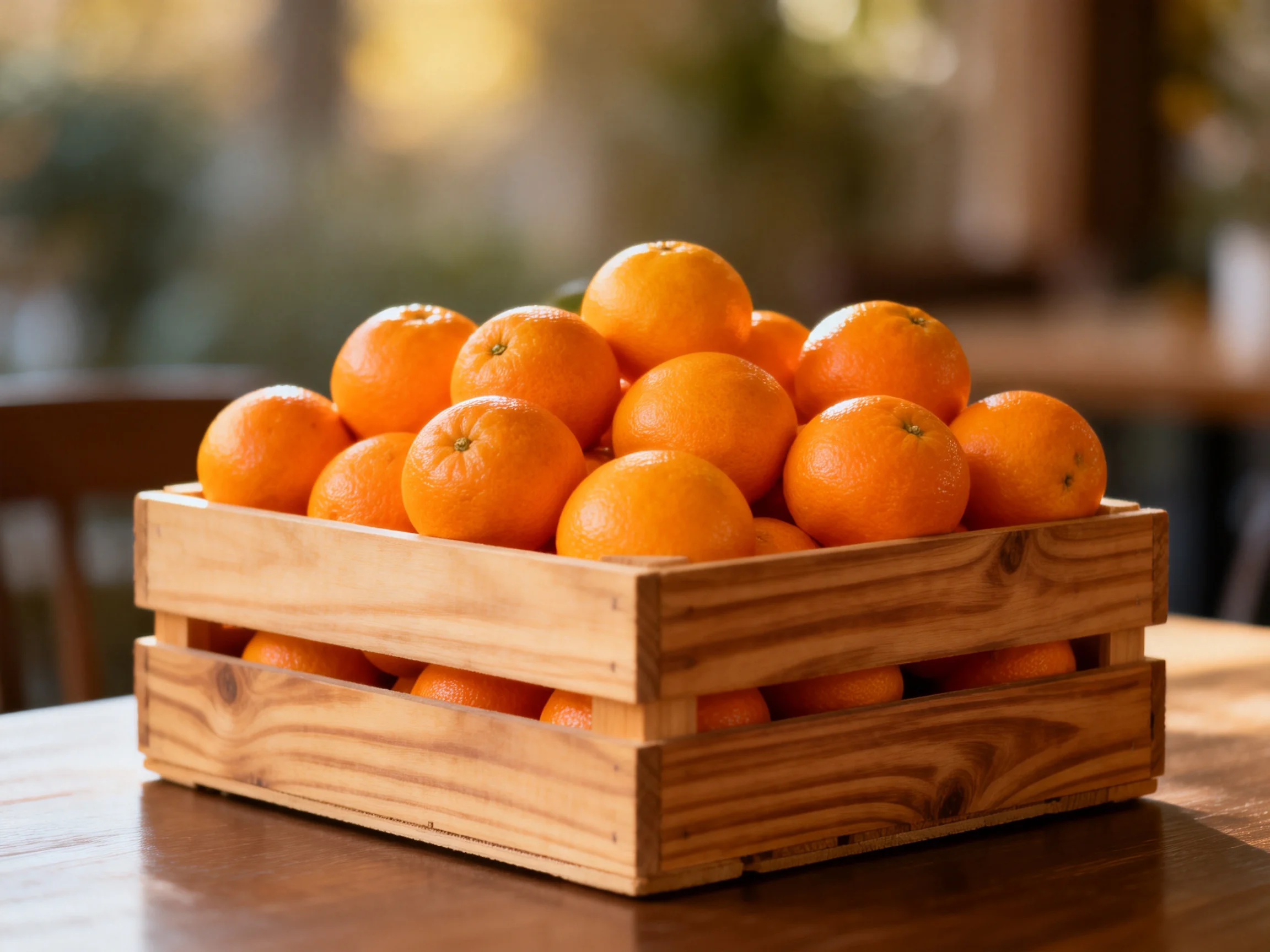 A wooden crate filled with bright oranges