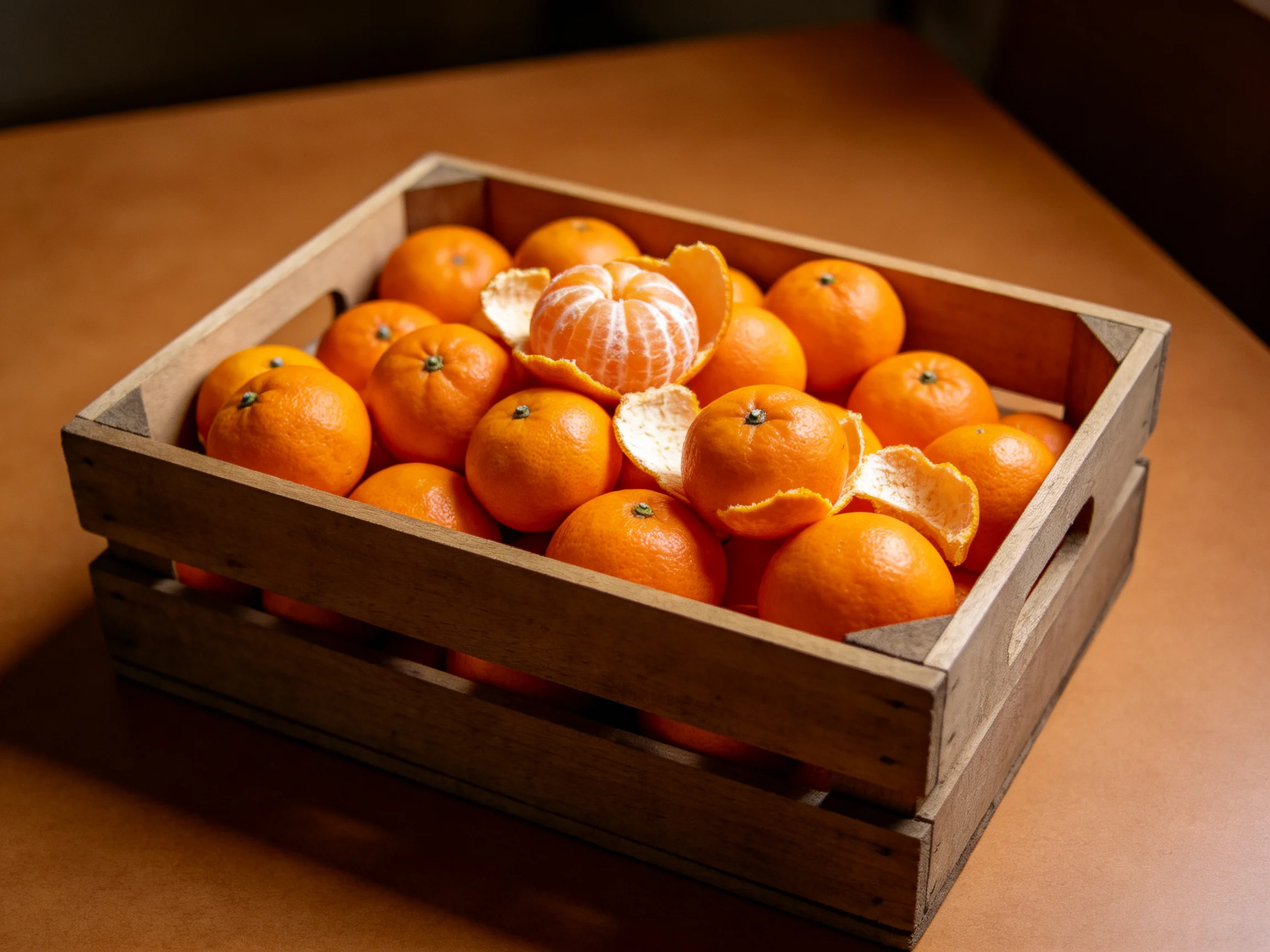 A wooden crate filled with bright oranges, some peeled