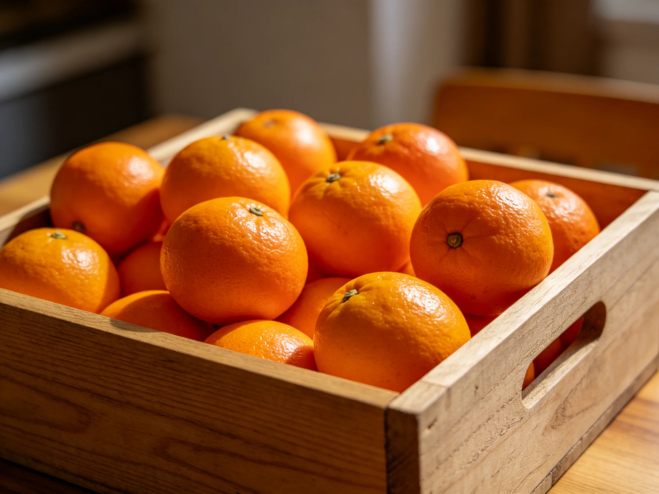 A wooden crate filled with numerous bright orange citrus fruits