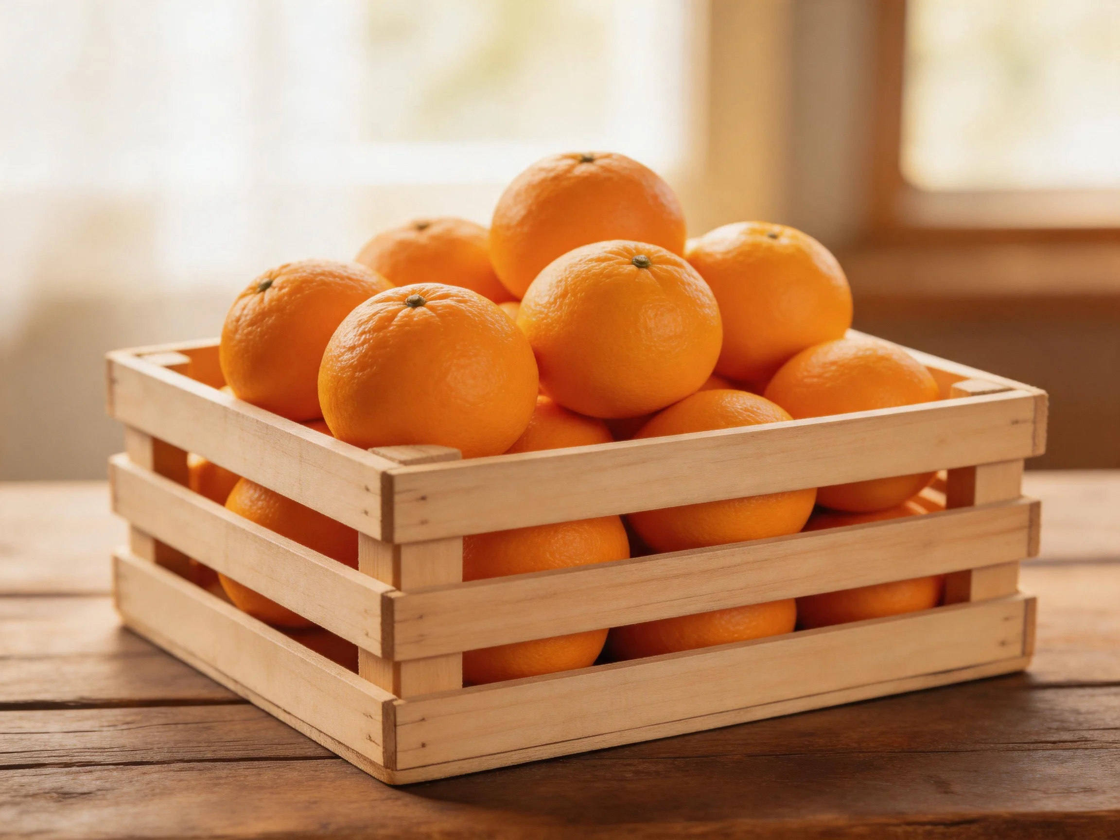 A wooden crate filled with numerous bright orange citrus fruits