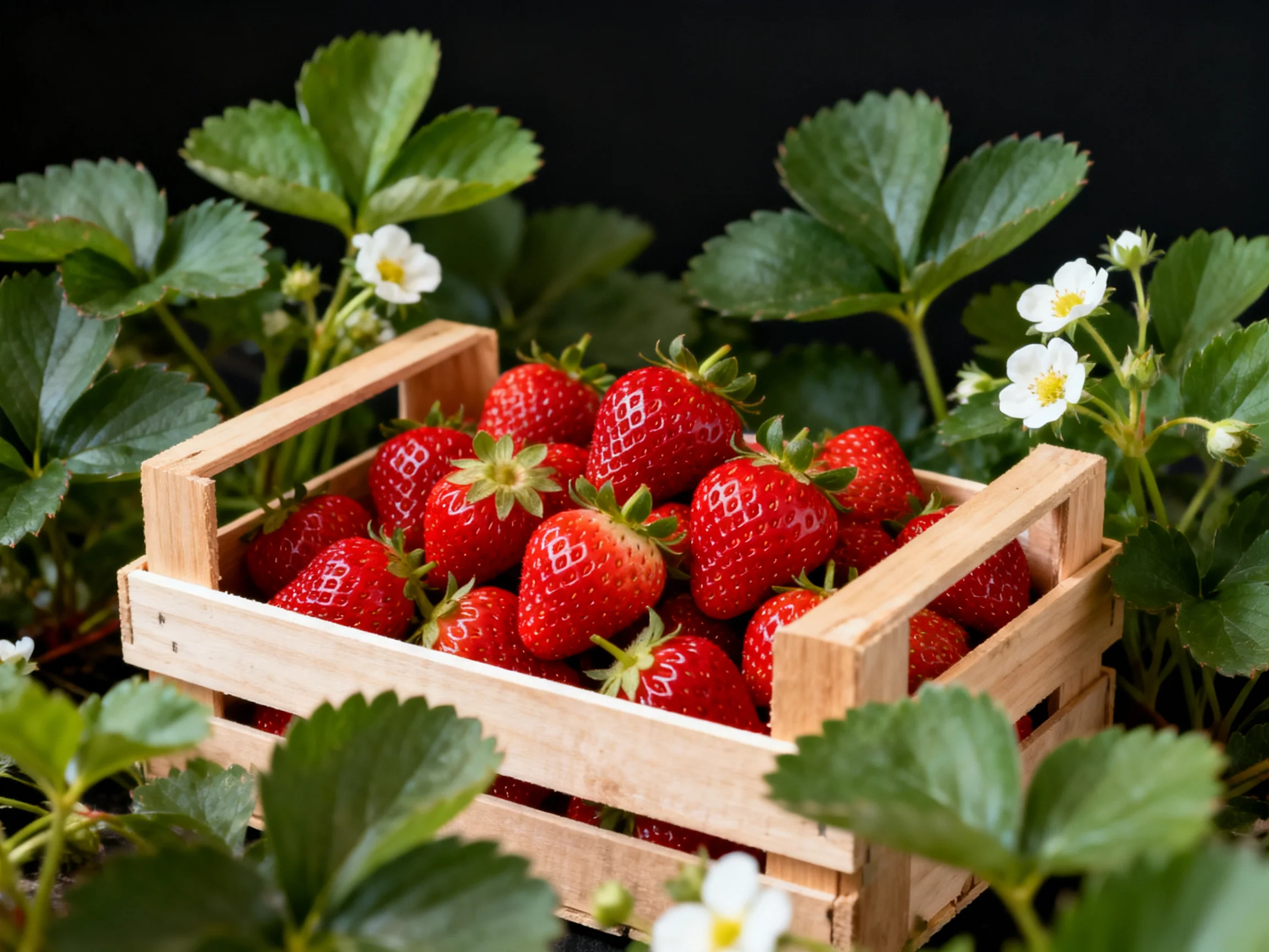 A wooden crate filled with plump red strawberries among green foliage