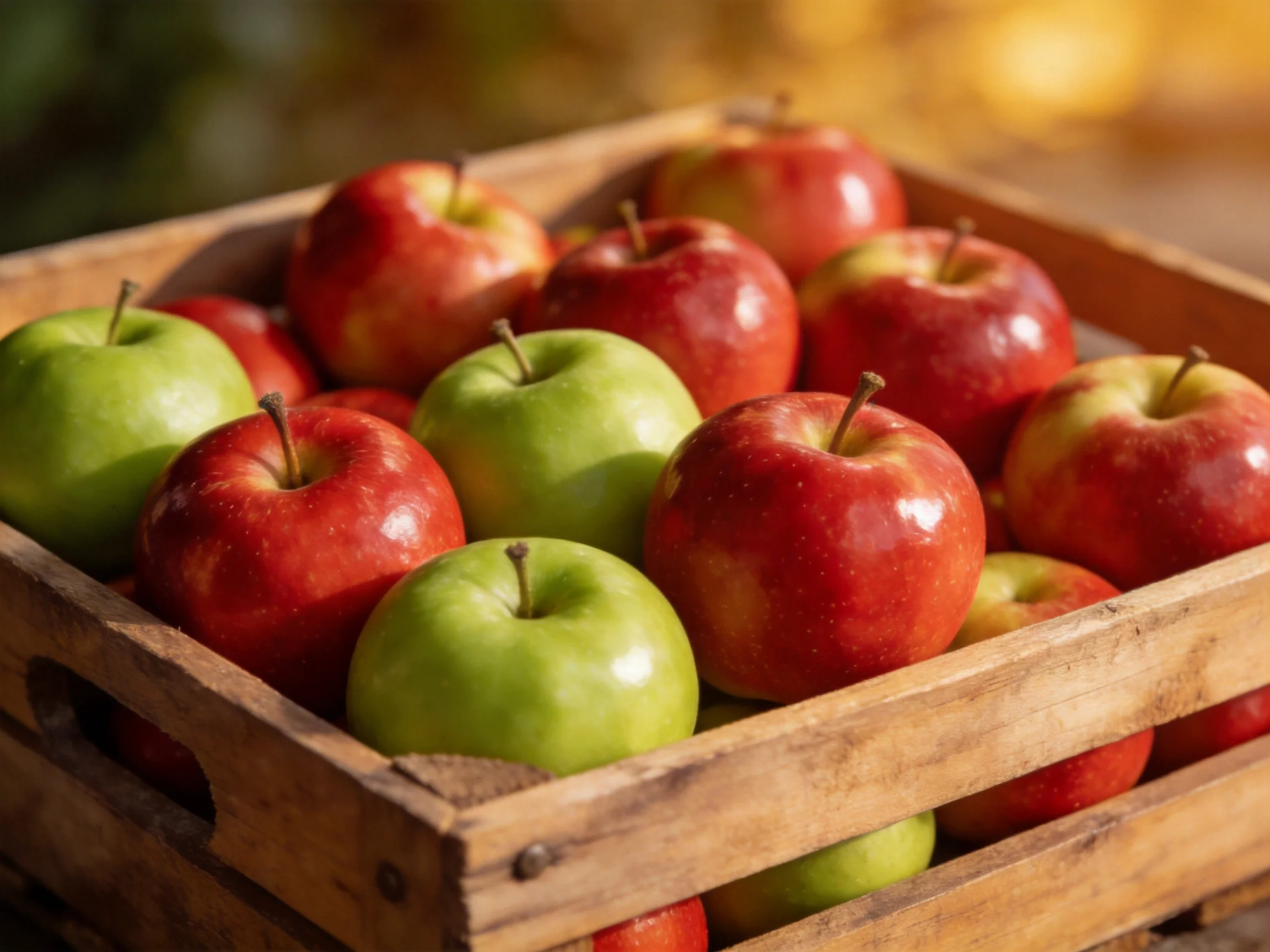 A wooden crate filled with red and green apples under sunny light