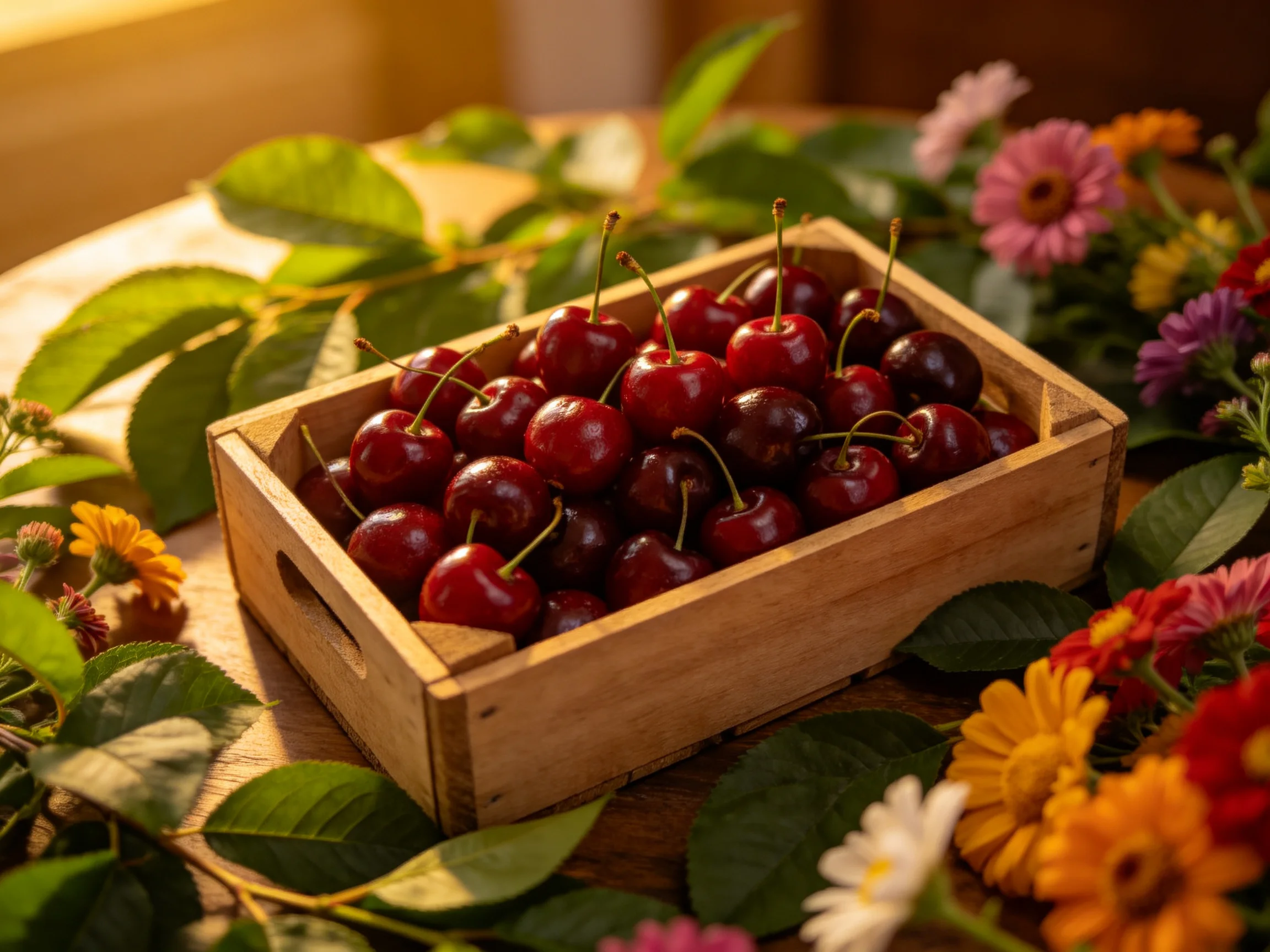 A wooden crate filled with vibrant cherries surrounded by colorful blooms