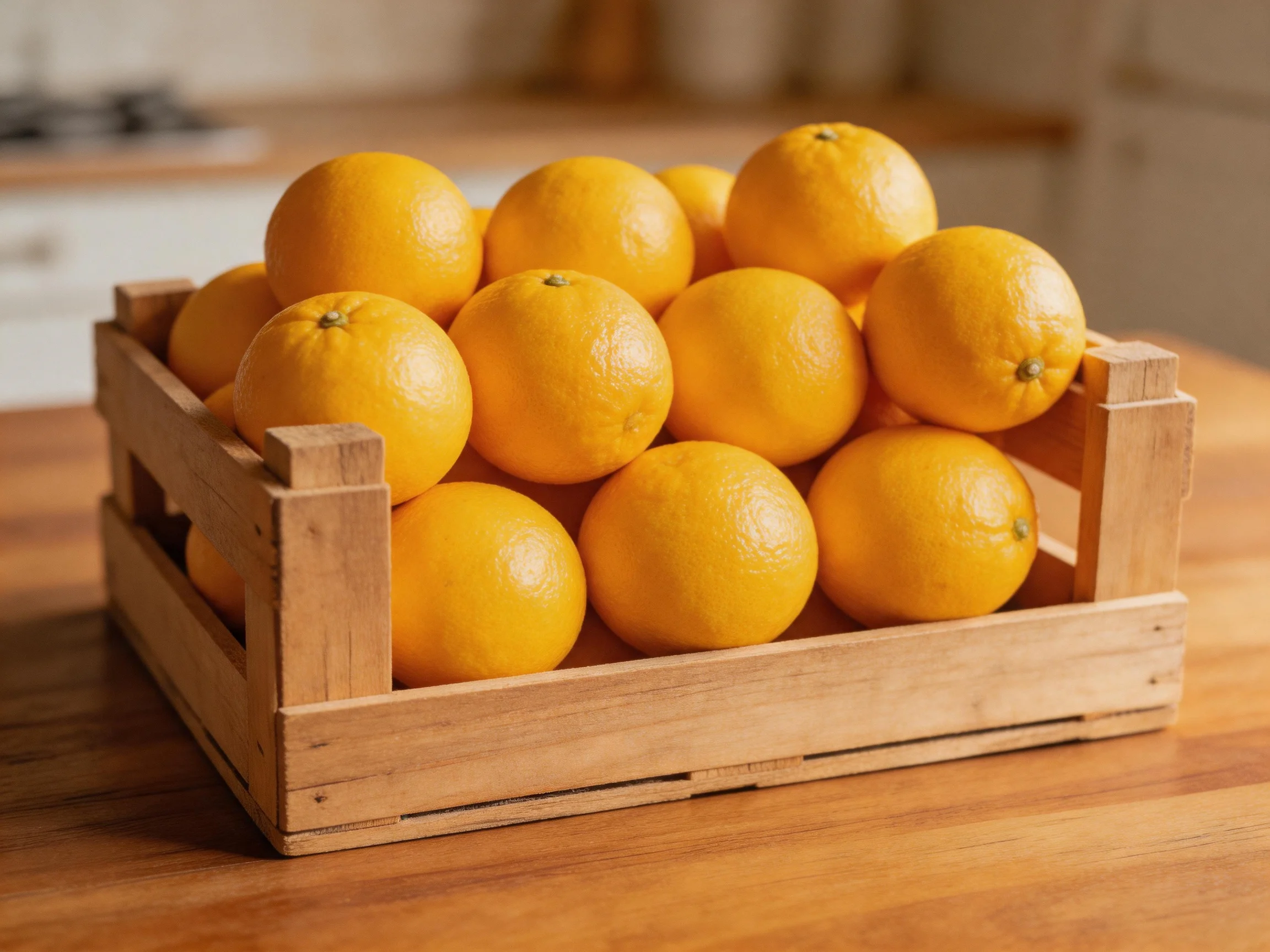 A wooden crate filled with vibrant orange citrus fruits